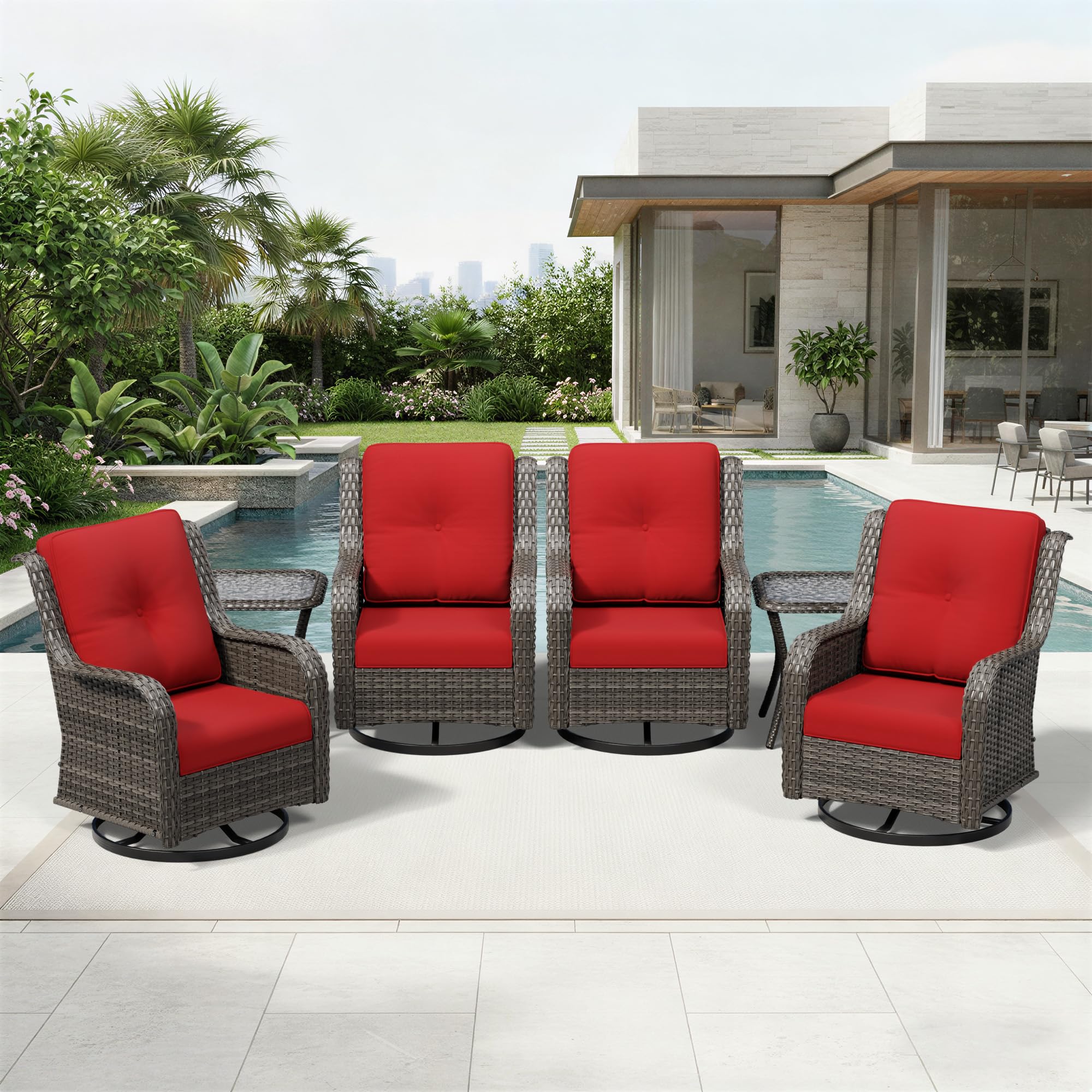 Joyside 6 Piece Wicker Patio Furniture Set, Outdoor Swivel Rocker Patio Chairs with High Back, Deep Seating, Wide Armrest, Thickened Cushions, Outdoor Furniture for Deck, Porch Use