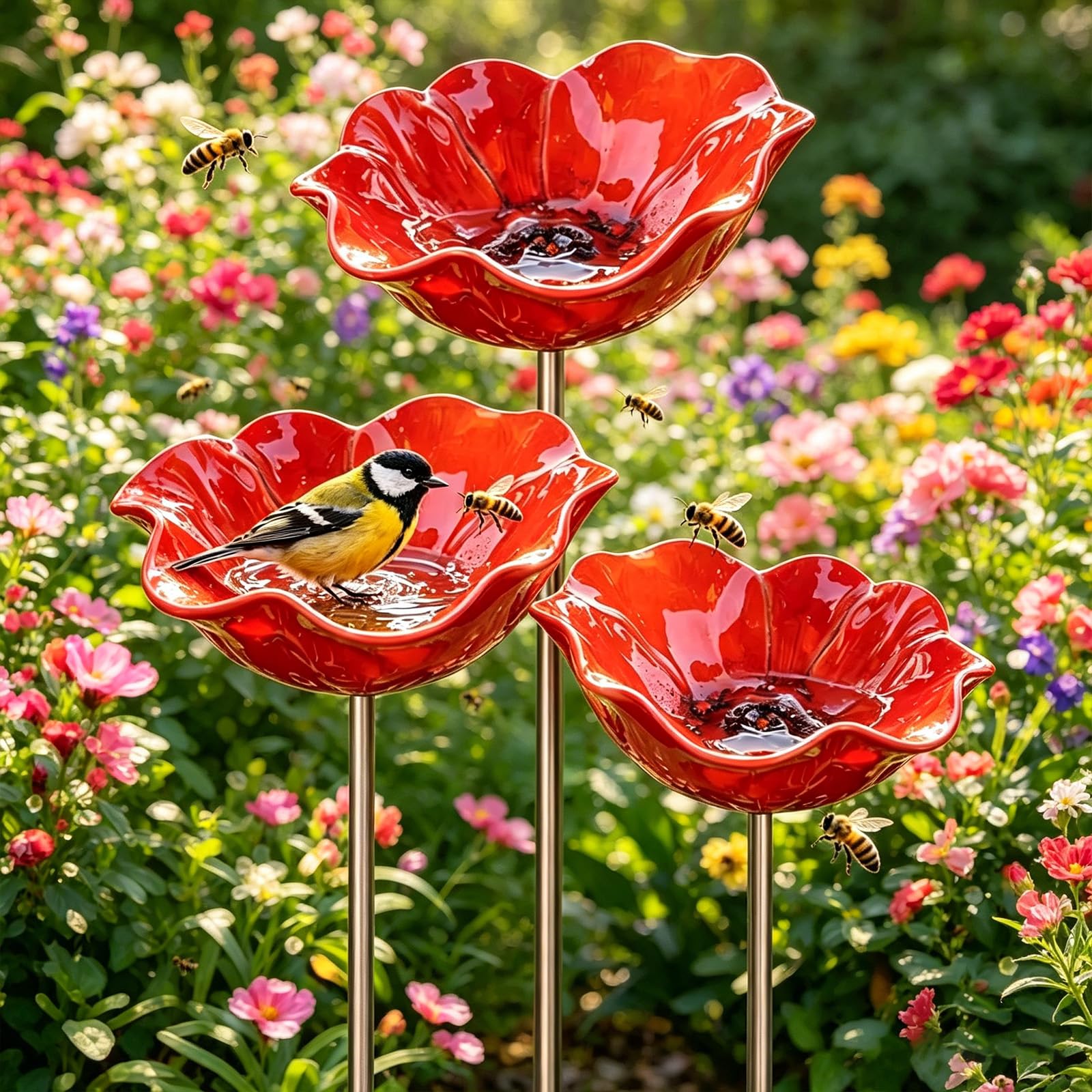 Metal Flower Garden Stakes Bird Bath Handmade - Metal Flower Garden Stake with Bee Bath & Bird Water Bowl, Bee Watering Station for Decorative Outdoor Yard Art, Lawn Butterfly Puddler (3pcs)