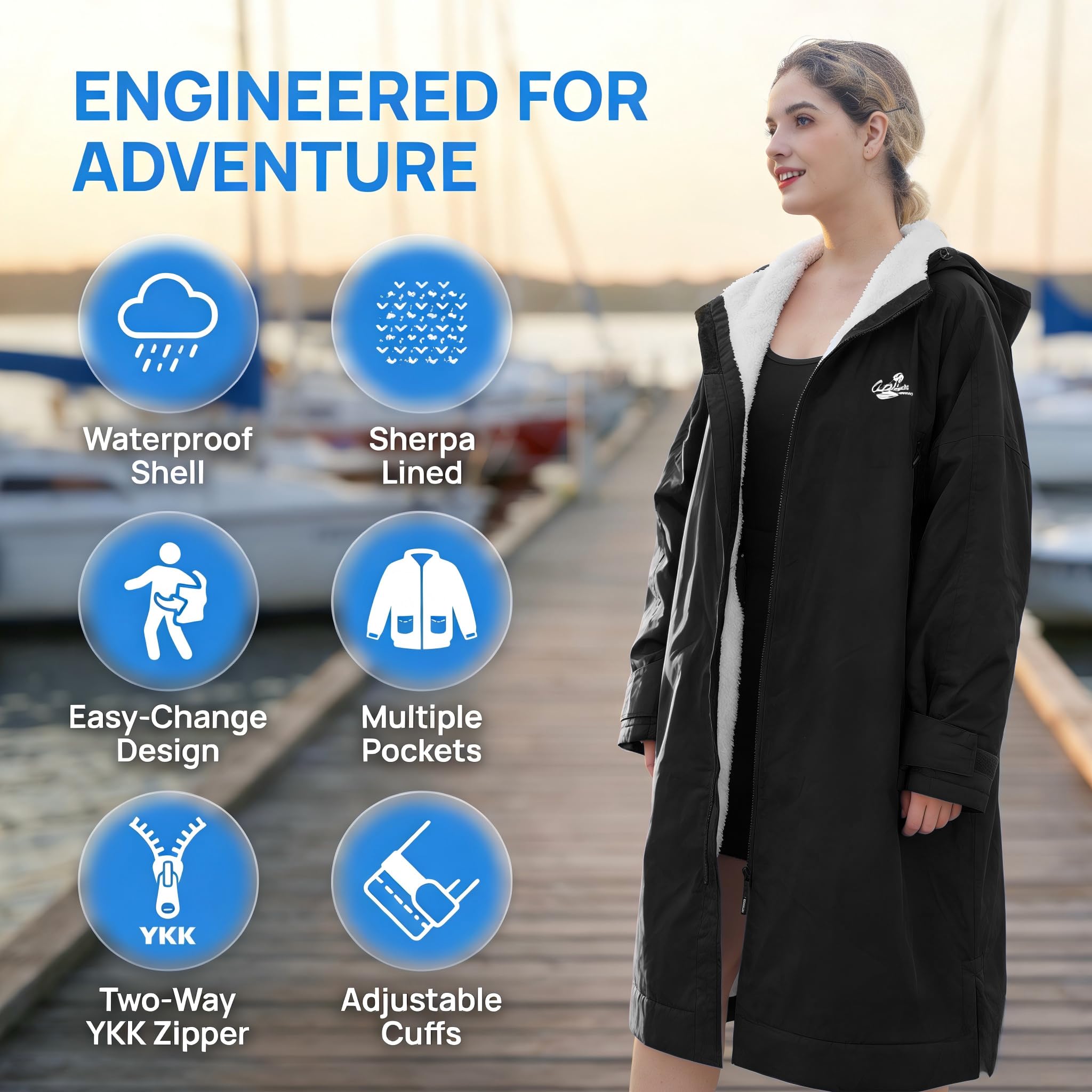 Catalonia Classy Wasserdichter Wickelmantel für Damen & Herren, Winddichter Surf Poncho mit Sherpa-Futter, Wärmemantel Schwimmen Triathlon Surfen Outdoor Bademantel, Schwarz