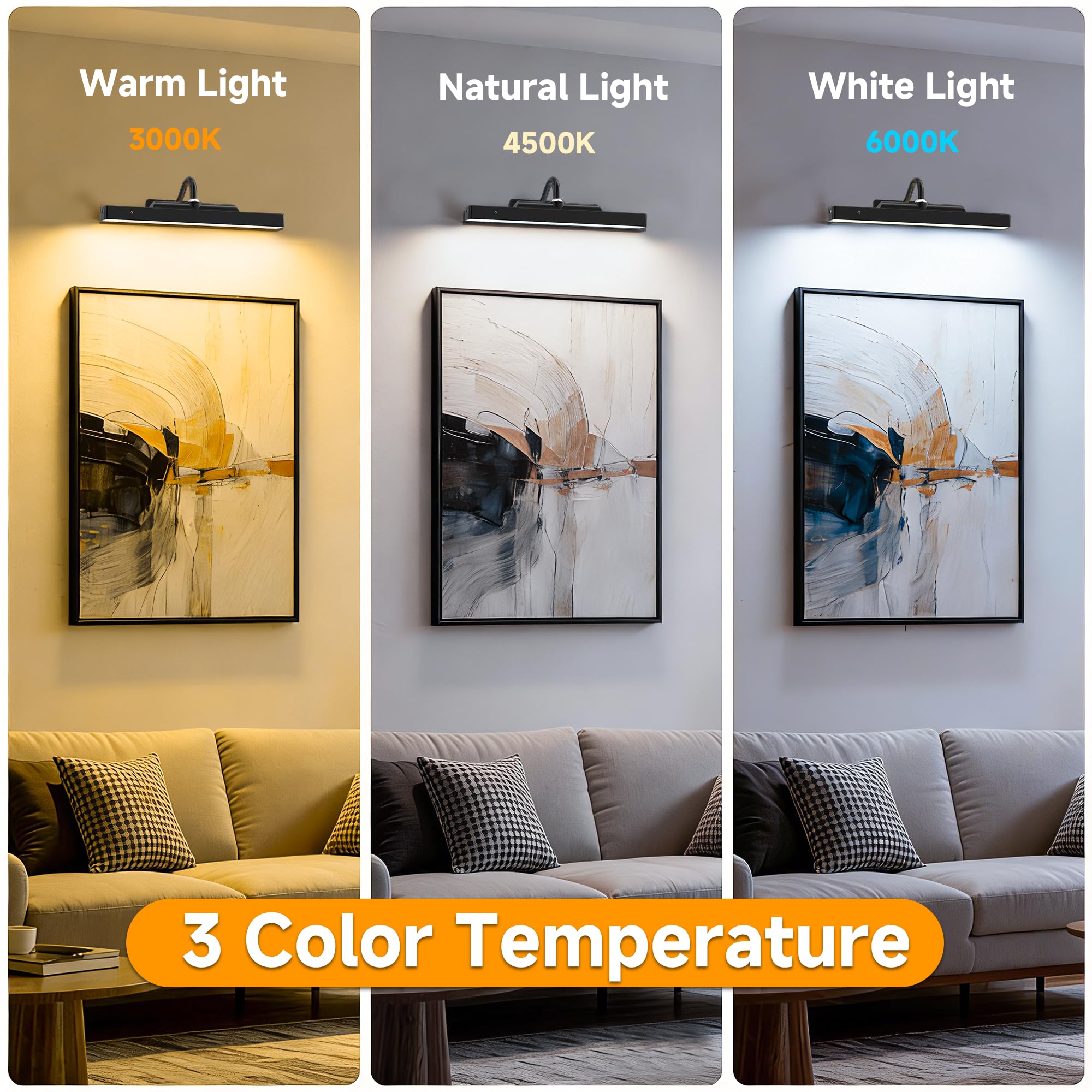 Lot de 2 lampes pour tableau, 4 400 mAh, à piles rechargeables, sans fil, à intensité variable, éclairage magnétique pour décoration murale, cadre et galerie (30,5 cm, noir)
