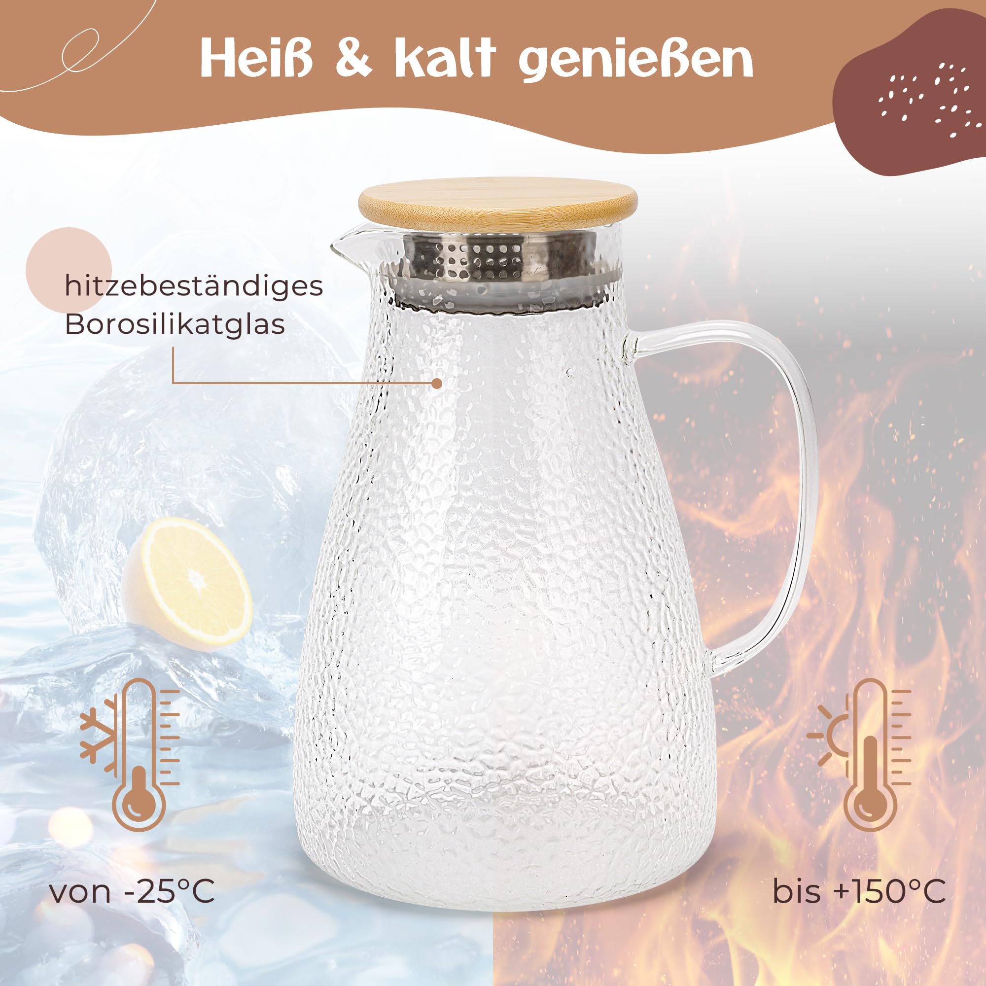 Caraffa in vetro con coperchio, 1,9 litri, in vetro rinforzato, caraffa in vetro per bevande calde e fredde, teiera, brocca per acqua con coperchio in bambù
