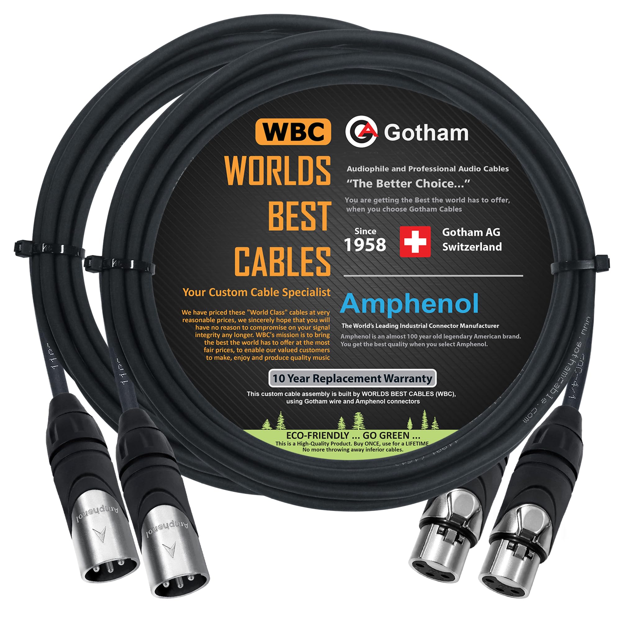 2 unidades – 10 pies – Gotham GAC-4/1 (negro) – Star Quad – Cables de micrófono equilibrado macho a hembra con conectores XLR Amphenol Silver