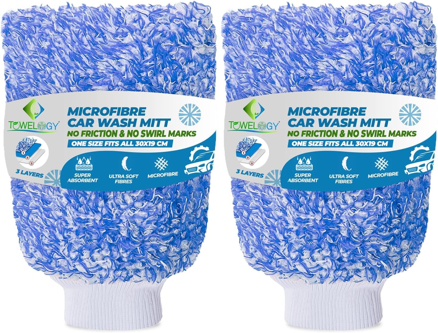 Towelogy® Professional Car Wash Mitt Twin Pack - Super Absorbent, Low Friction Glove for Swirl Free Finish - Microfibre Car Washing Mitt, Ideal for Detailing and Care (Blue)