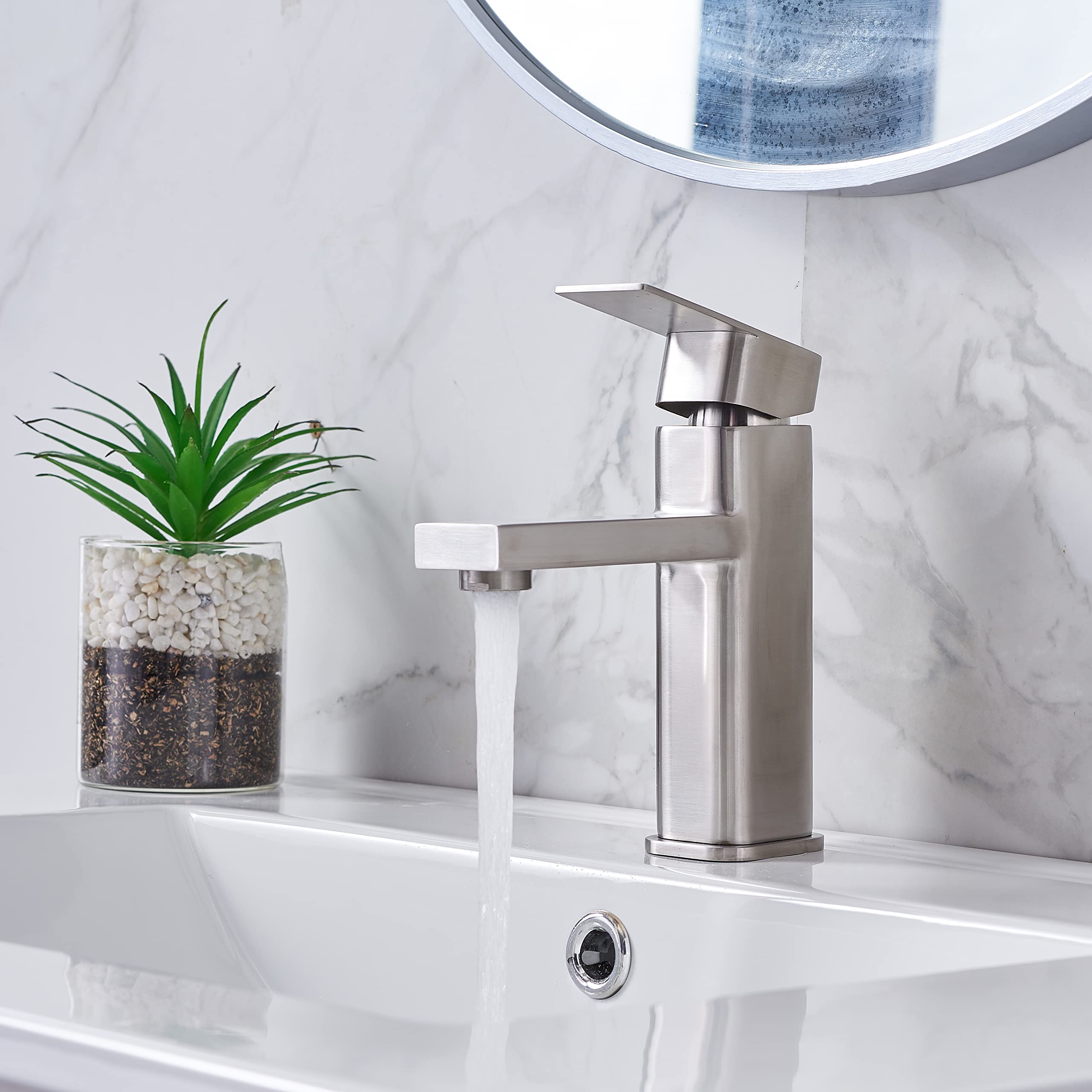 UFaucet Modern Brushed Nickel Bathroom Faucet Single Handle Bathroom Sink Faucet, Single Hole Rv Commercial Lavatory Faucet Vanity Faucets Basin Mixer Faucet