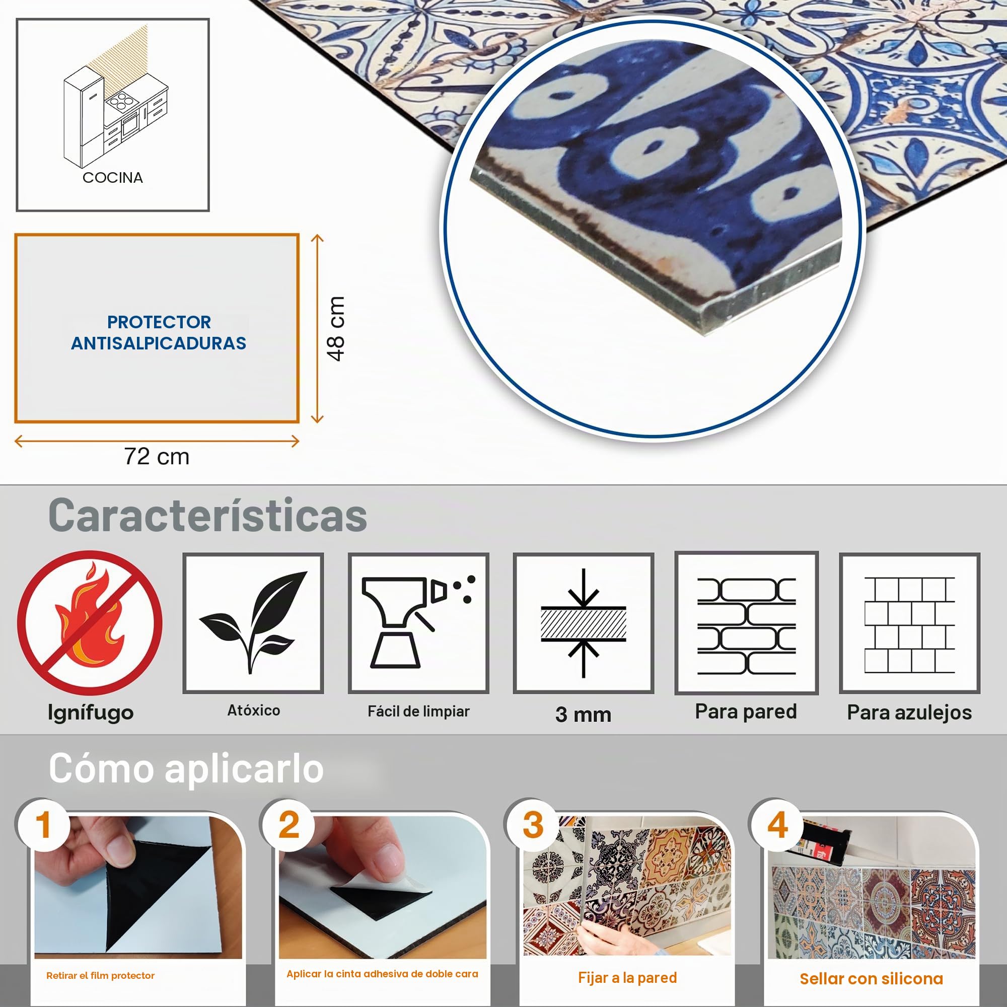 CREARREDA Panel antisalpicaduras de cocina de aluminio Cement Tiles Florence 72 x 48 cm fácil de aplicar Made in Italy Protección para cocinas y fregadero, lavable y fácil de montar