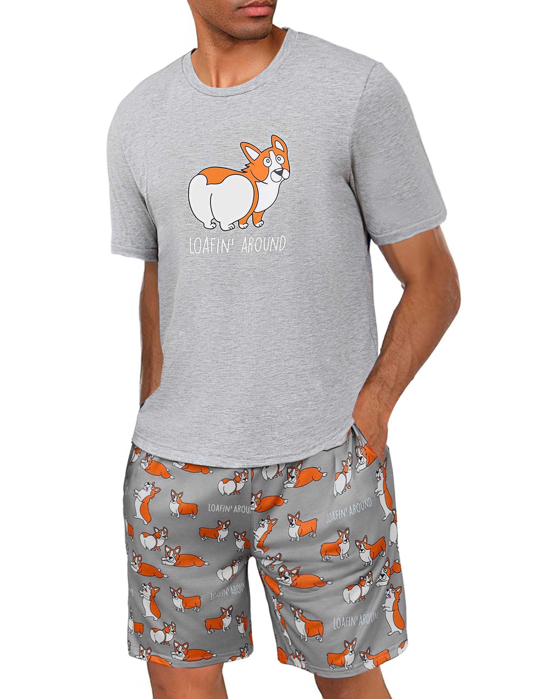 Pijama Hombre Algodón Divertido Ropa de Dormir de Verano Pijama de Verano para Mangas Camiseta Cortas con Bolsillos