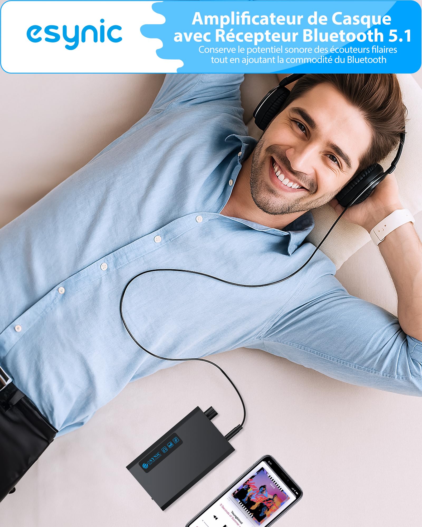 eSynic Amplificateur Audio avec Récepteur Bluetooth 5,1 Amplificateur de Casque HiFi 16-300Ω Interrupteur de Gain Entrée Sortie AUX 3,5 mm Ampli Casque Portable Batterie 1500mAh pour MP3 MP4 Téléphone