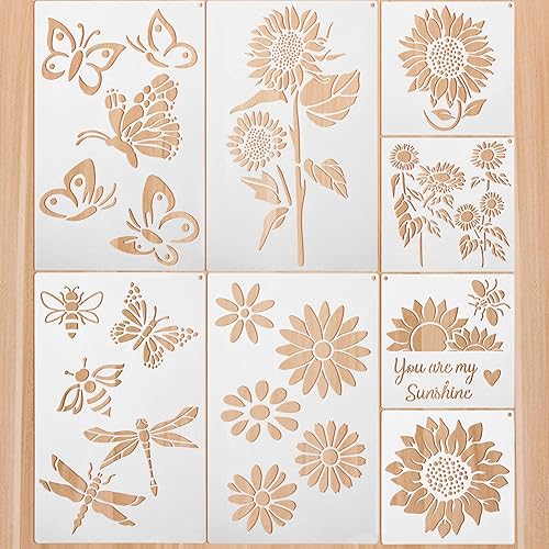 8 plantillas de pintura de mariposas de girasol para pintar en madera, flores y mariposas, kit de plantillas para pintar en lienzo de pared,