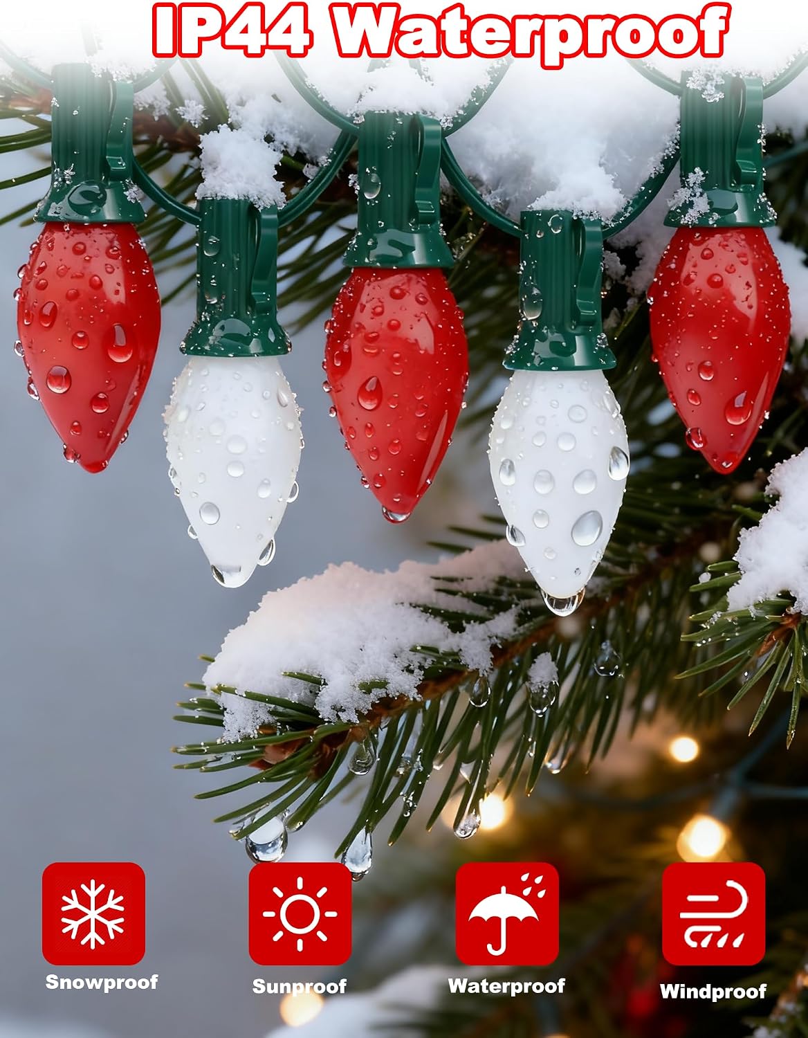 C7 LED Christmas Lights,25ft Red and White Outdoor String Lights with 27 Ceramic Bulbs(2 Spare), Plug-in Vintage Commercial Christmas Lights String for Outside Roofline Patio Holiday Decor