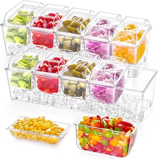 Lifewit 2-Pack Ice Chilled Condiment Caddy with 5x 20oz Removable Containers & Lids - Serving Tray for Party Garnishes, Salads, Tacos, BBQs