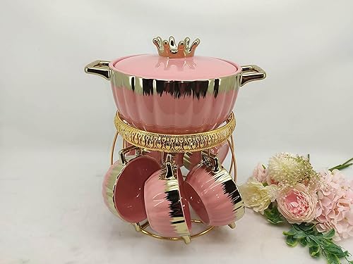 Miniatura 7 de Juego de tazón de sopa de cerámica elegante de Table Fashion Essentials con 6 tazonestazas con asas, soporte dorado y tapa, estilo Hotpot,