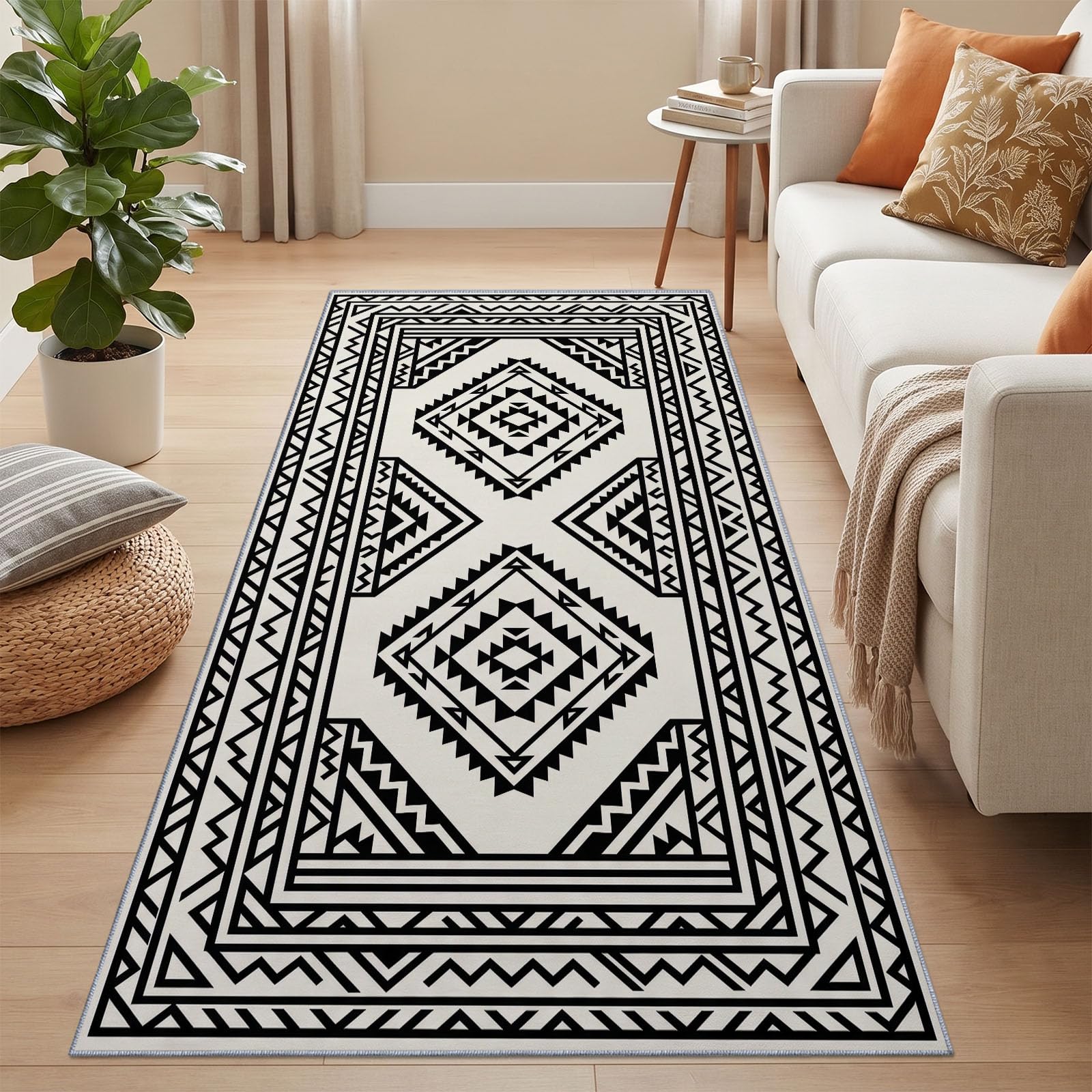 Teppich Läufer Flur Aztekisch Geometrisch Waschbarer 80x240 cm, Creme