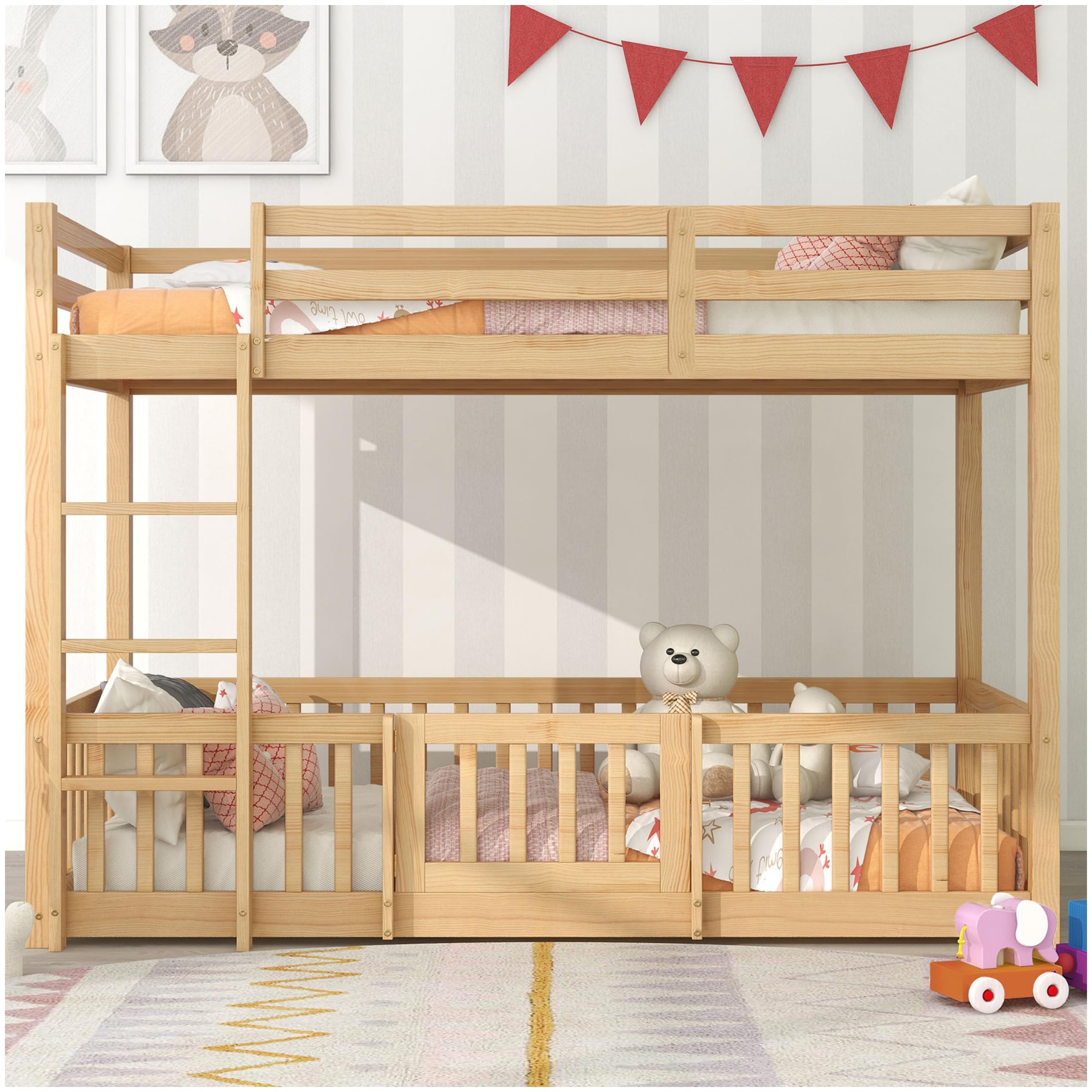 Lubvtti Litera Infantil 90 x 200 cm,Cama para niños con protección anticaídas y barandilla,Estructura Cama 90x200,Cama Superior con somier de láminas, Natural