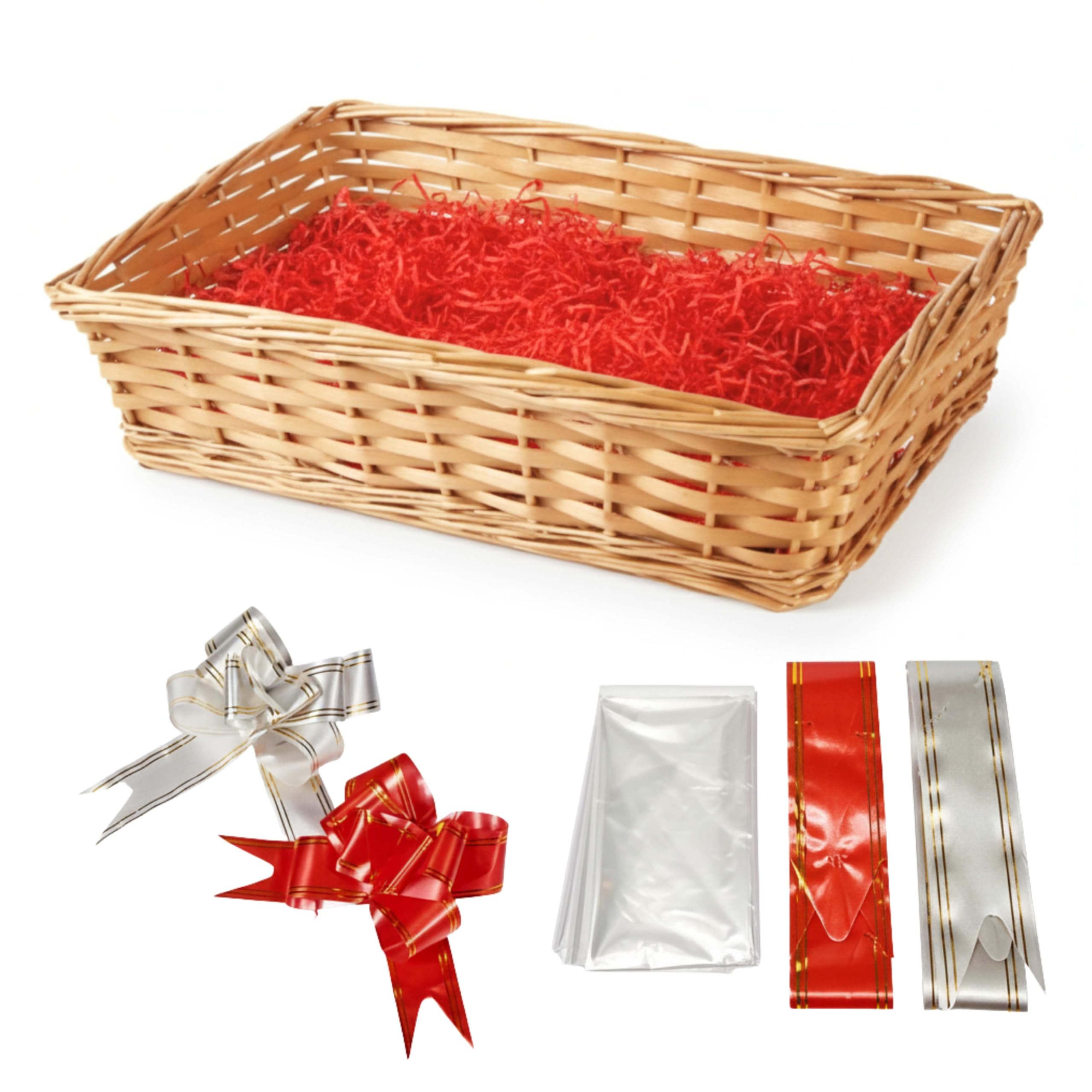 ALAYSTAR Premium Wicker Gift Hamper Basket Set Create Your Own Christmas Festive Present Includes Rectangle Smooth Basket Ribbon Wood Wool Cellophane Bag Perfect for Xmas Birthdays (NATURAL)