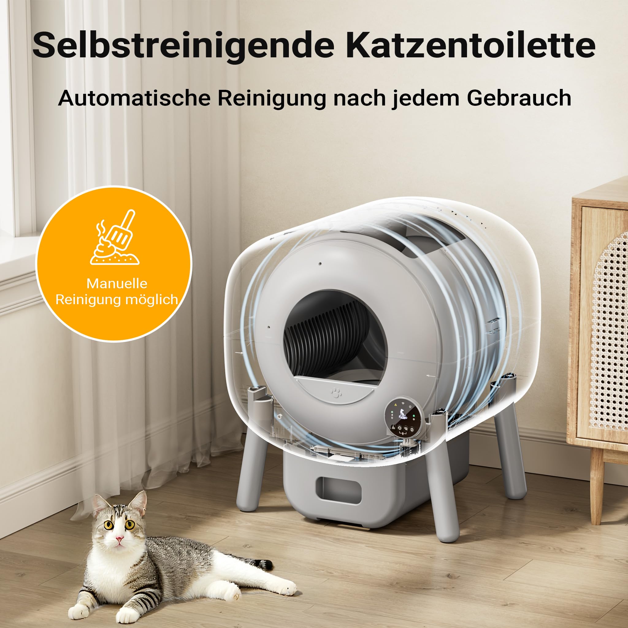 Fudajo Selbstreinigende Katzentoilette 76 L, Katzenklo automatisch 55 x 50 x 66,5 cm, elektrisches Katzen Klo mit App-Steuerung und USB-Anschluss