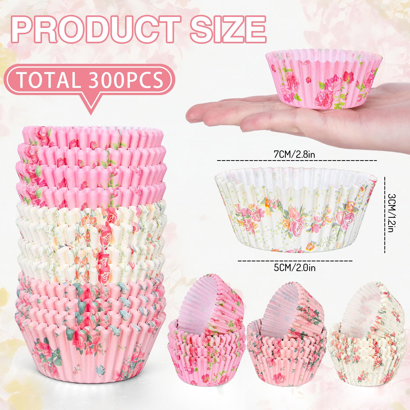 JarThenaAMCS 300Pcs Floral Cupcake Liners Pink Cute Watercolor Flower Baking Cups Cupcake Wrappers Holders Muffin Liners for Spring Wedding Bridal Shower Birthday Tea Party Decor