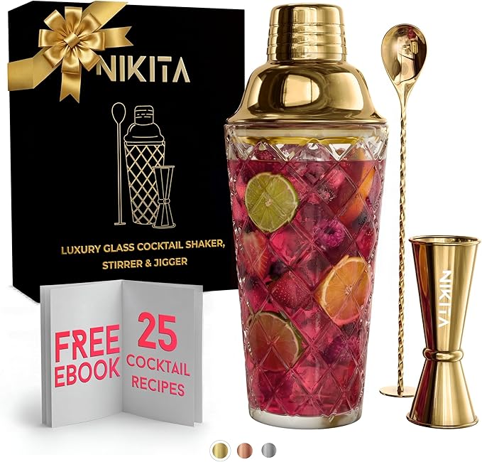 Glass Cocktail Shaker Set - 5 Piece - Gold Martini Shaker Set with Strainer, Jigger, Spoon & Muddler - 16 oz Drink Shakers Cocktail - Ideal Gift for Home Bar & Drink Trolley Décor