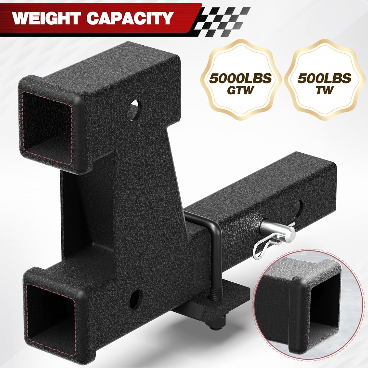 Dual Trailer Hitch Extension 2 Inch - Towing & Bike Rack Extender with Adjustable Length 7.3" - 9.3", Anti Rattle Kit, Hitch Pin & Clip, 5000 lbs Load, Matte Black