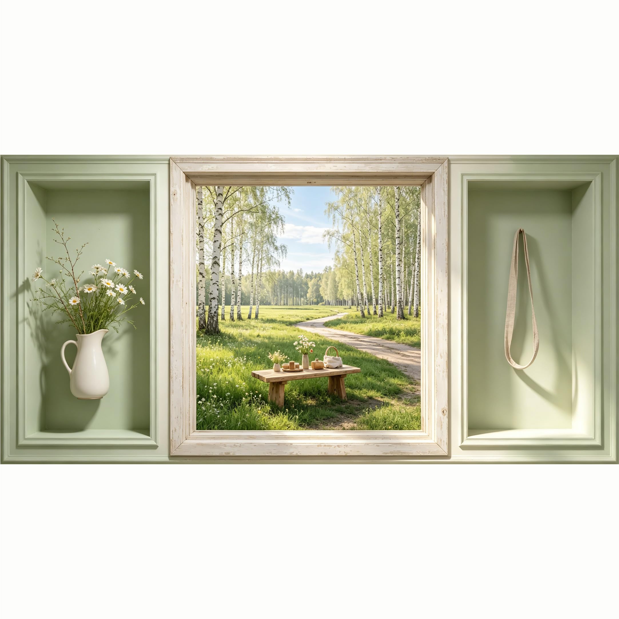 QZLITHOTIC 50x100cm 3D Framed Wall Art， Birch Forest Landscape Scenic Path Self‑Adhesive Mural， Water‑Activated Peel & Stick Fabric Decor Wall Decal for Bedroom Living Room