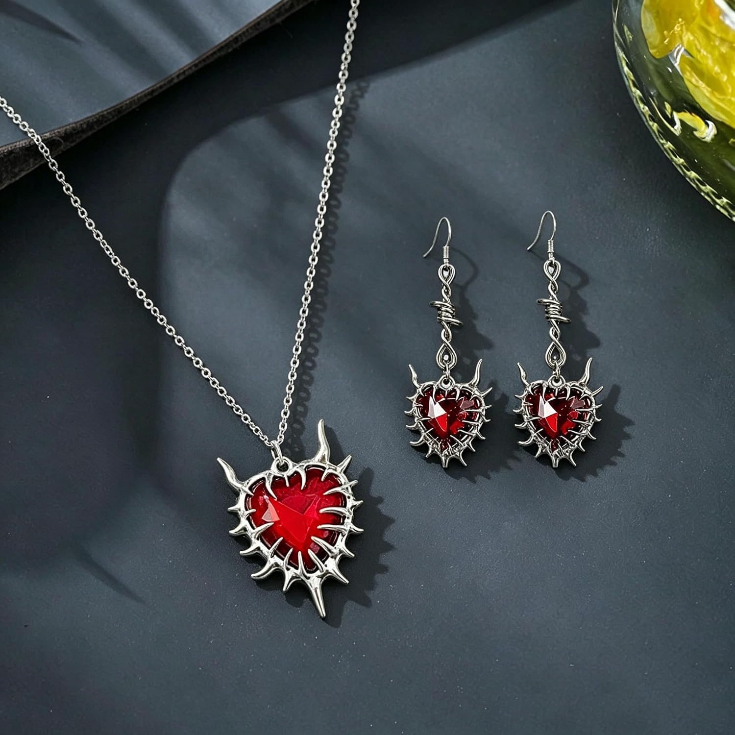 WCRAZYE Gothic Barbed Wire Heart Necklace Earrings for Women Grunge Gothic Jewelry Halloween Costume Accessories Fashion Gift