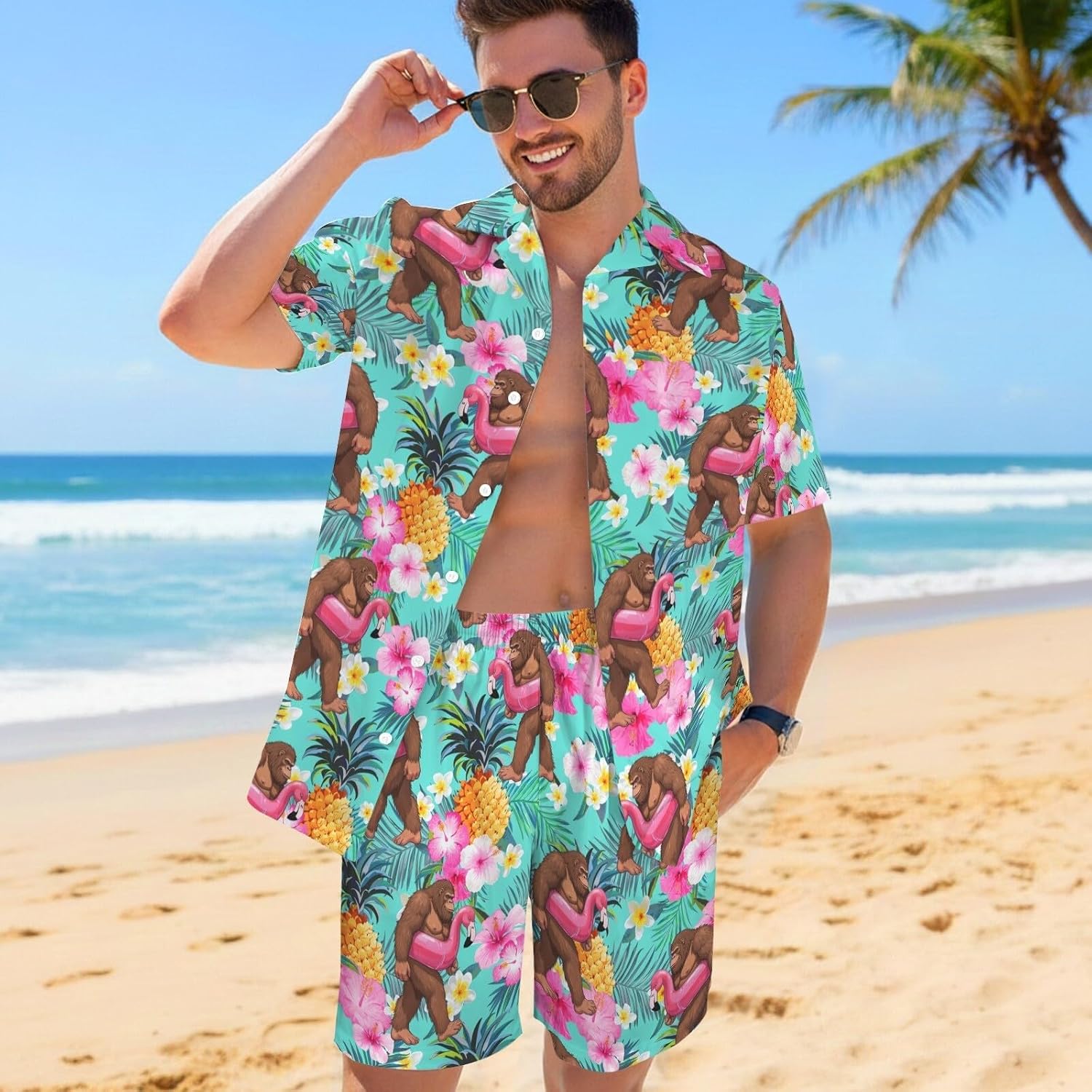 ukoyhga Rave Outfits for Men Space Neon Hawaiian Shirt Retro 90s 80s Outfit 2 Piece Sets Astronaut Disco Outfits Tracksuit