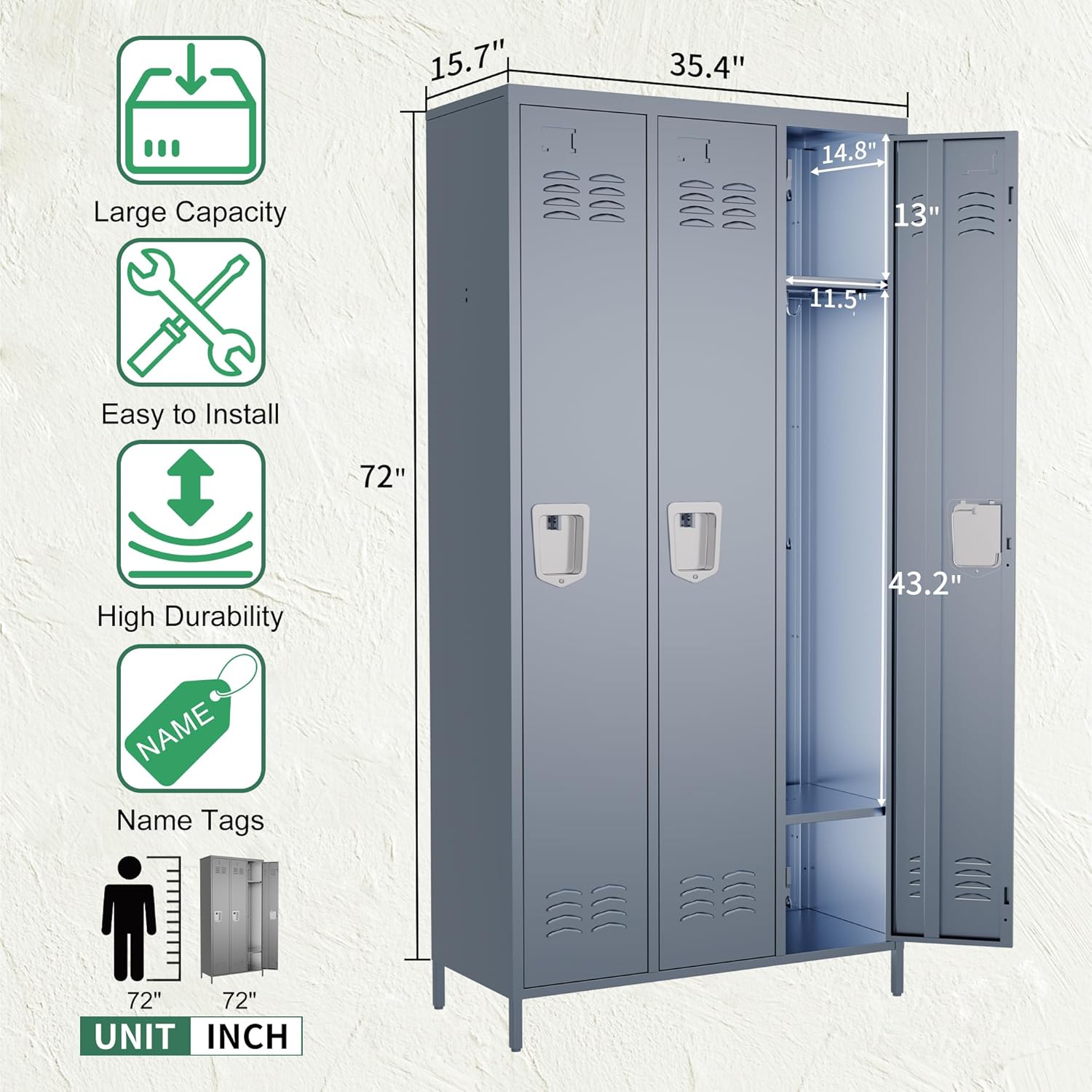 3 Door Metal Lockers for Employees,Heavy-Duty Hooks,72" Secure Storage for Home,Offices,Schools & Gyms | Gray