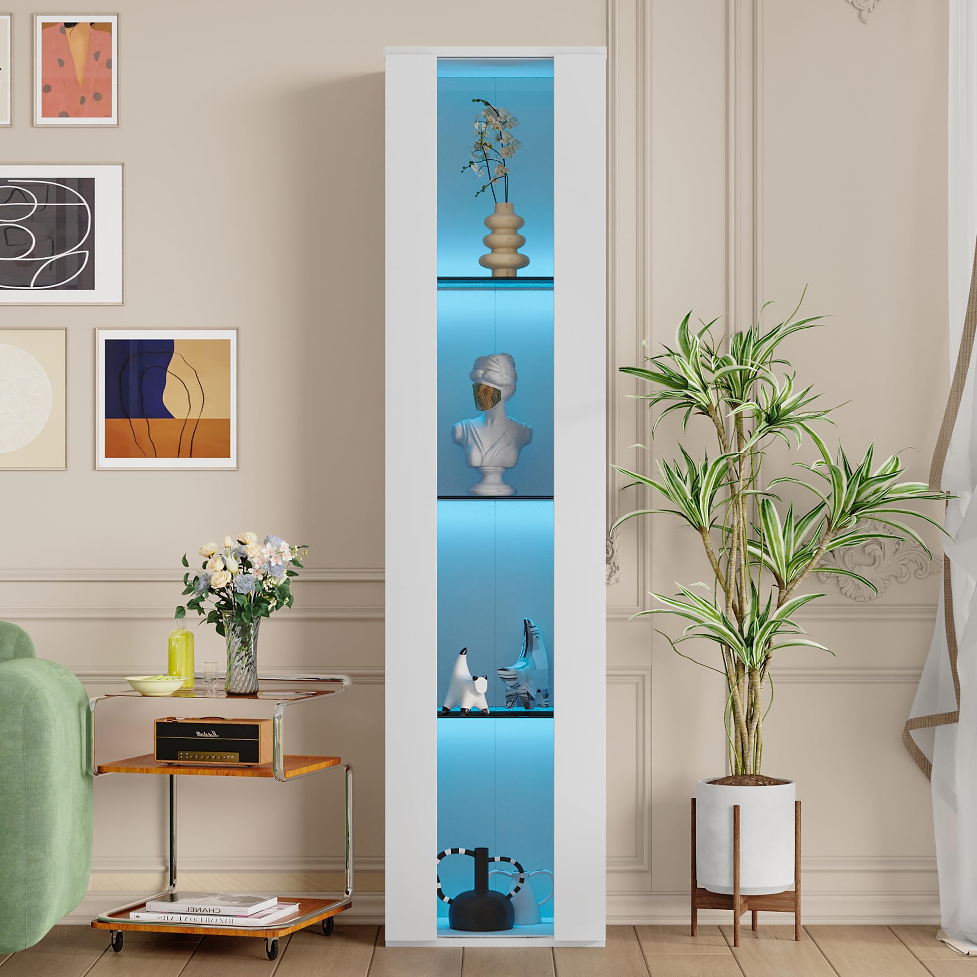Merax Vetrinetta a Piantana, Vetrinetta in Vetro con Illuminazione LED, Vetrinetta Alta in Vetro con 3 Ripiani, Luce LED con Cambio di Colore, Controllo via App/Telecomando, Bianco, 40x29x170 cm
