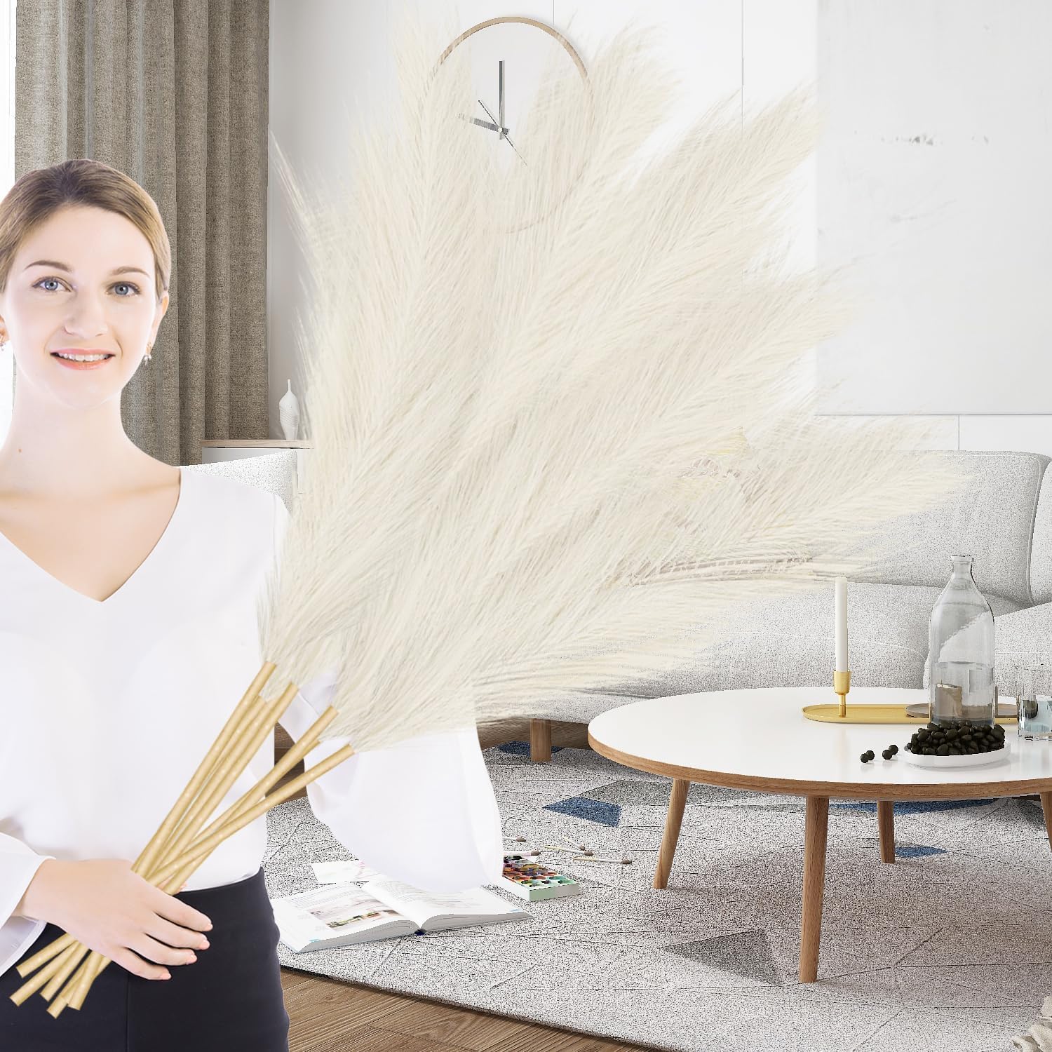Sztuczna trawa pampasowa, duża, puszysta, wysoka trawa, do wazonów podłogowych, na ślub, do salonu, sypialni, domu, dekoracja boho, beżowa, 110 cm