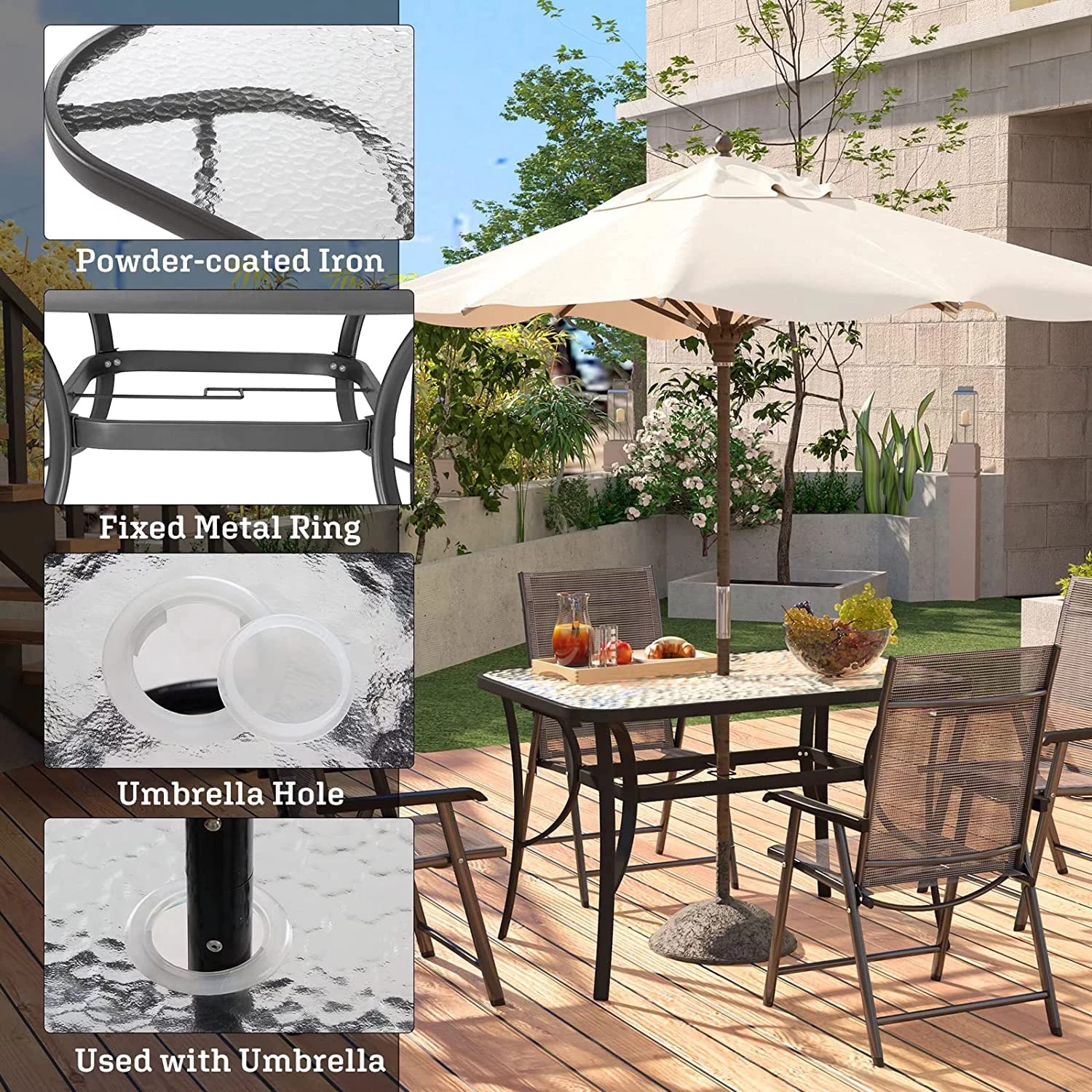 SogesPower Outdoor Tempered Glass Table Patio Dining Table with Umbrella Hole Steel Frame 47 Inch Black : Patio, Lawn & Garden