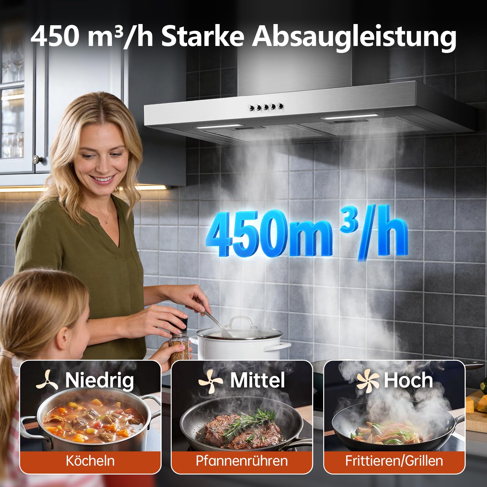 TopStrong 60cm Dunstabzugshaube Wandmontage, 450m³/h T-Shape Abzugshaube, 3-Stufen mechanisch, A++ bürstenloser Motor, 430 Edelstahl, LED, Umluft & Abluft Dunstabzugshaube