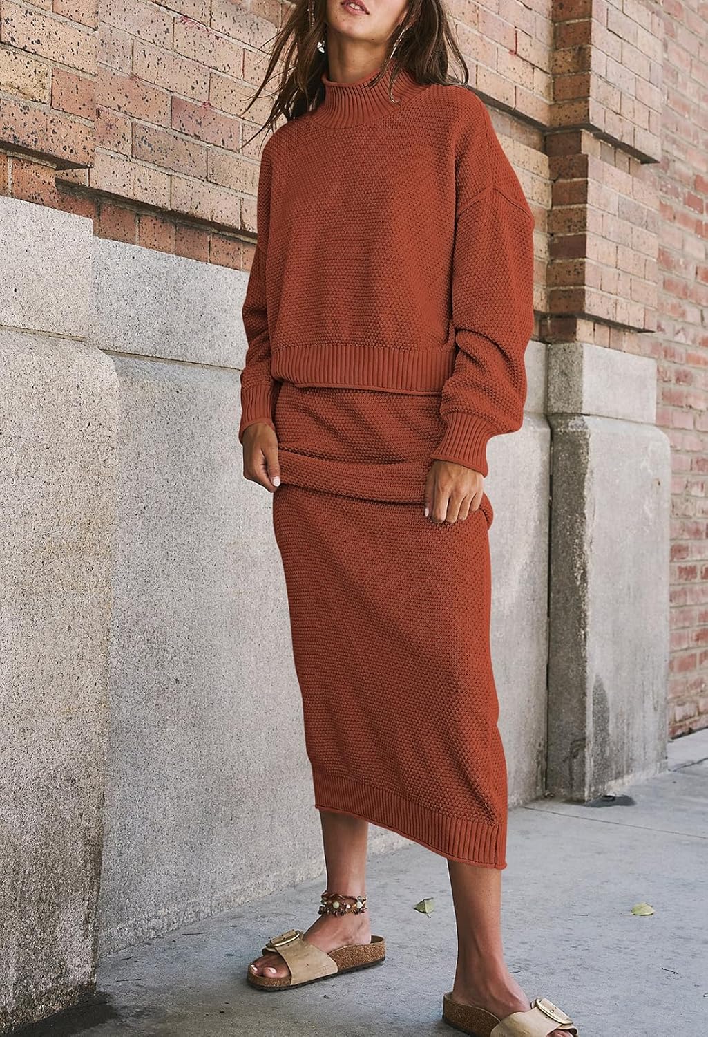 Pink Queen Women's 2 Piece Sweater Set Outfits Long Sleeve Oversized Top Bodycon Maxi Long Skirt Knit Dresses - Image 3