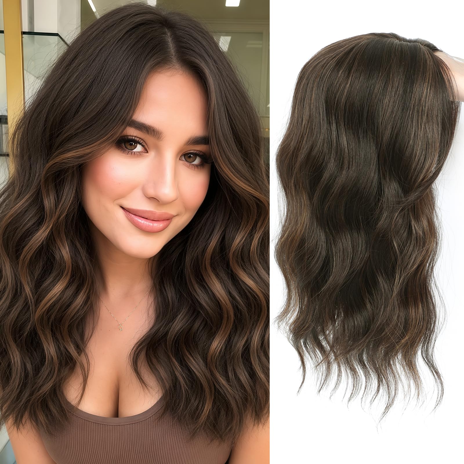 Photo 1 of 16 Inch Hair Topper for Women with Thinning Hair, Synthetic Curly Wavy Clip-In Topper with Curtain Bangs Natural Looking Crown Coverage Lightweight Hair Piece for Volume(Dark Brown Mixed Chestnut)