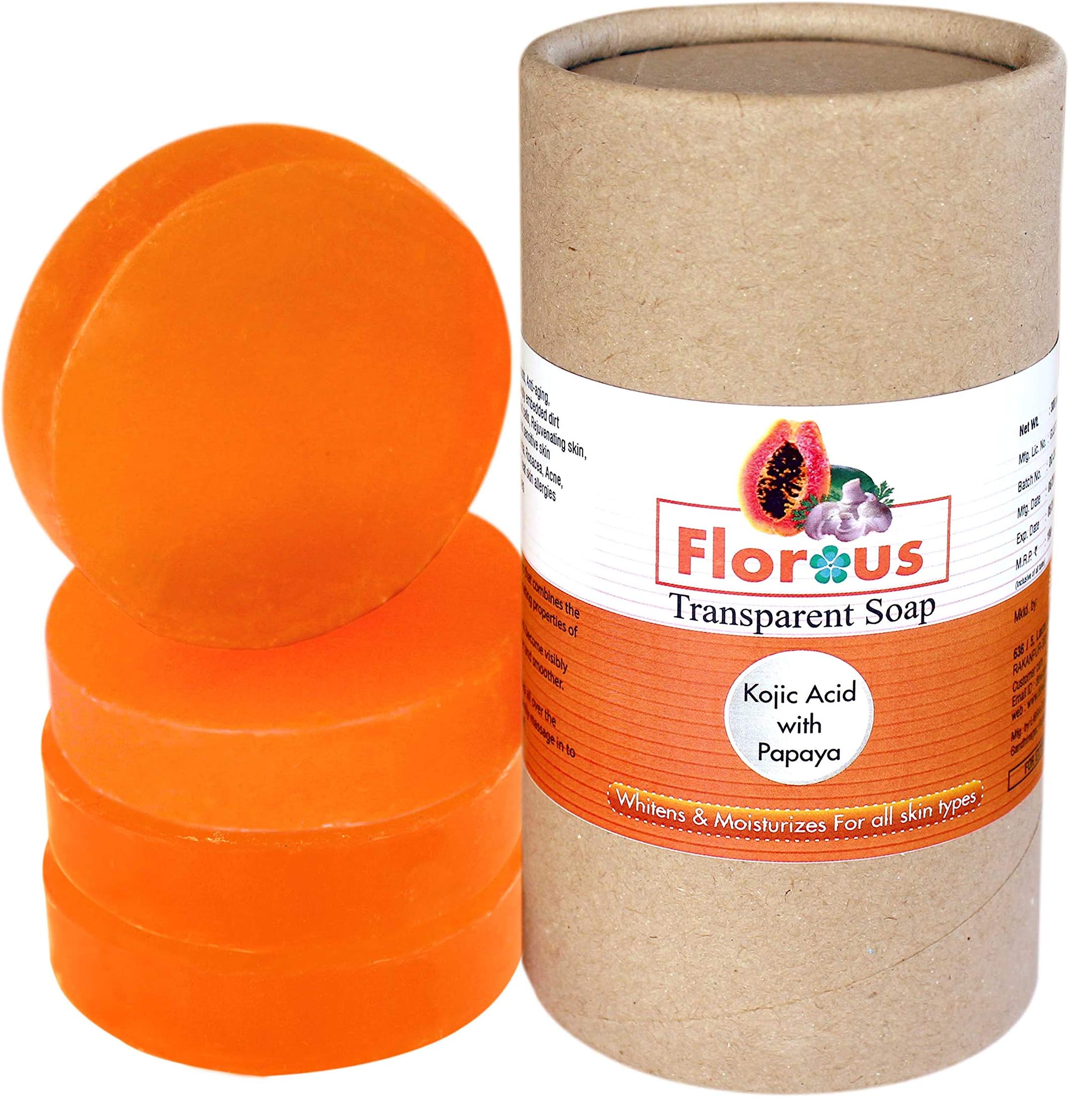 Florous Kojic Acid,Papaya, Orange Peel Transparent Soap (4 x 75 gm, 300 gm)