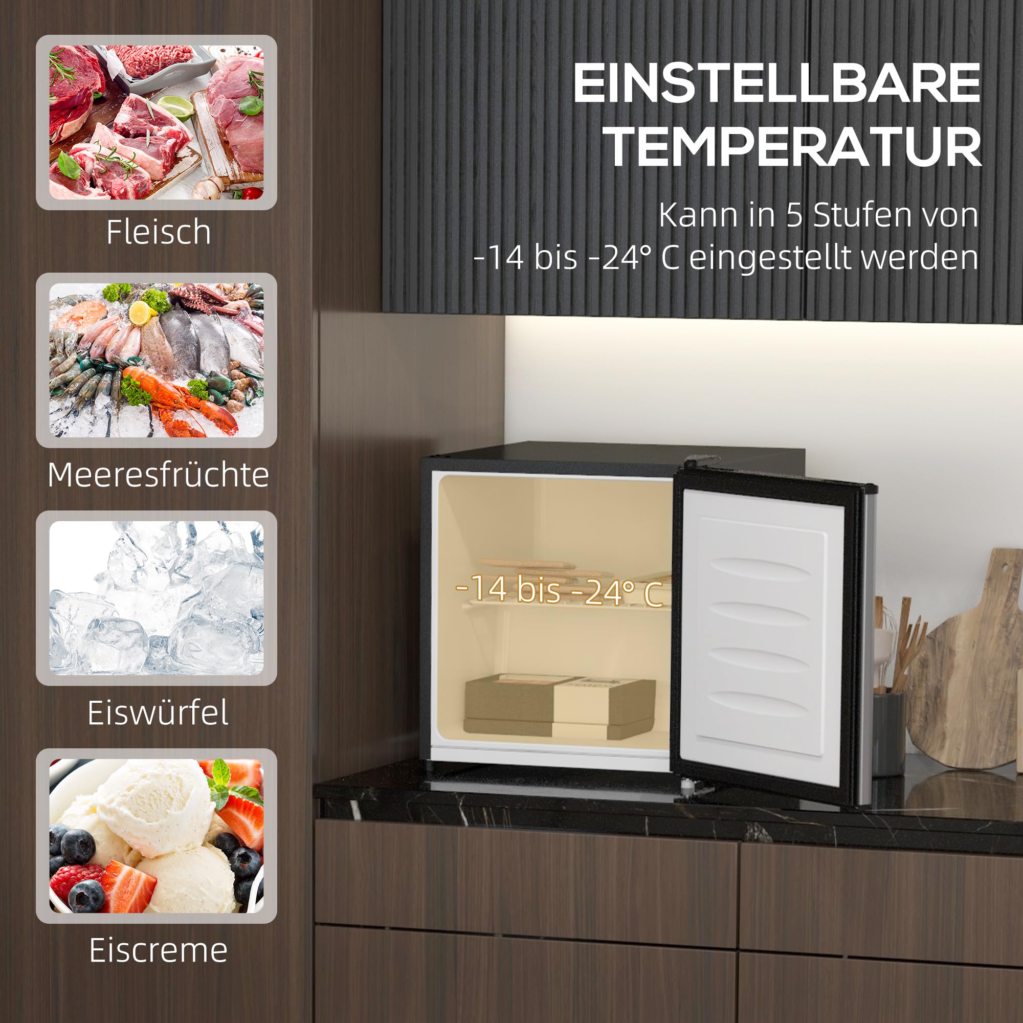 HOMCOM Mini-Gefrierschrank 35 L Gefrierbox elektrisch freistehend 45 W Mini Gefriertruhe Minikühlschrank 41dB -14 bis -24℃ 5-stufige Temperaturregelung 47 x 44,2 x 48,8 cm Silber