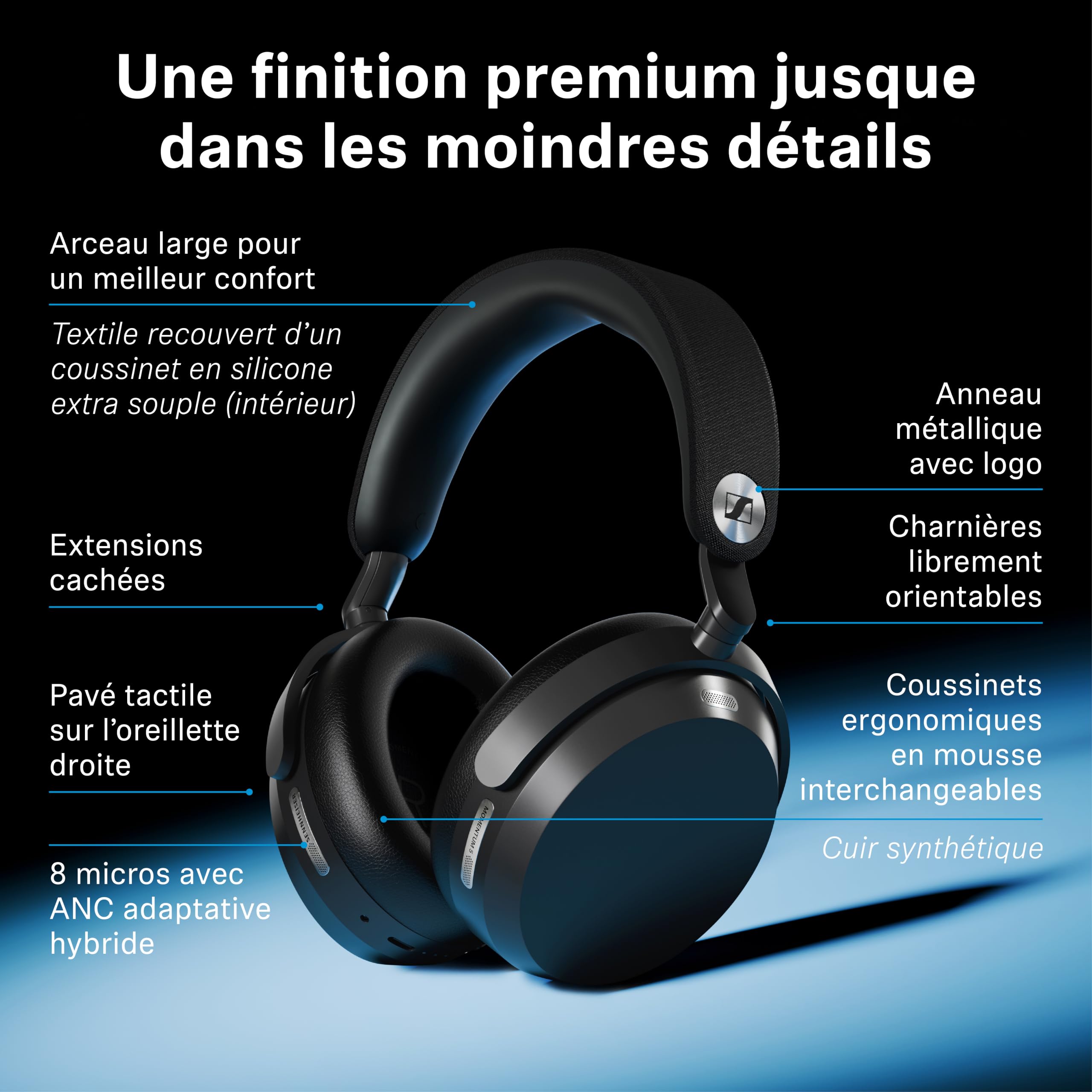 Sennheiser Momentum 5 Wireless – Casque Bluetooth à réduction de Bruit Active, appels d’Une Grande clarté, ANC adaptative, Design Circum-auriculaire, autonomie Jusqu’à 57 Heures, Noir
