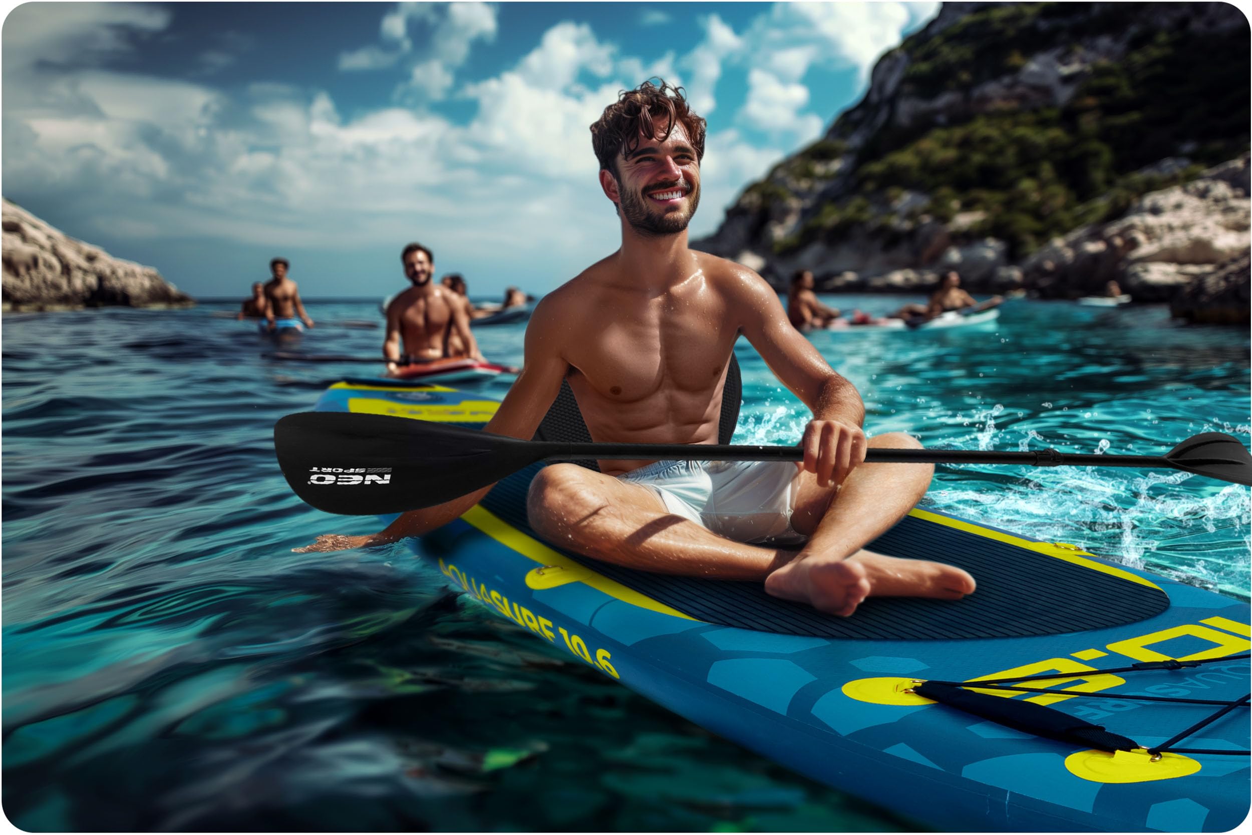 Neo-Sport Siedzisko do Deski SUP z Oparciem - Wygodne Piankowe Siedzisko Kajakowe z Kieszenią - Stabilne Wsparcie Pleców - Paddleboarding - Uniwersalne Mocowanie - Czarne 77 x 52 cm