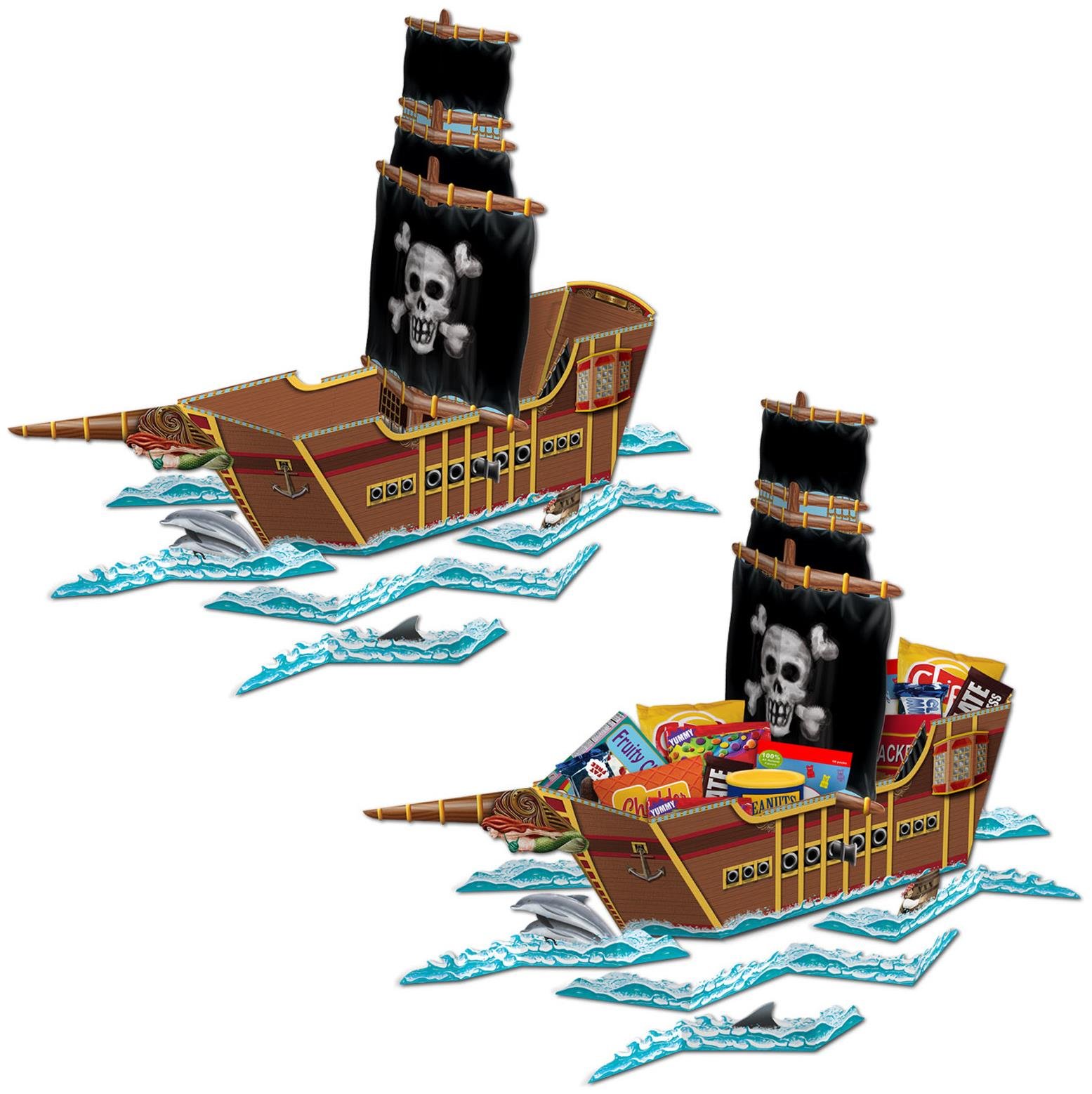Beistle 54597 3-D Pirate Ship Centerpiece, 18.5" x 25.5" Island Adventure Birthday Table Decoration, Treasure Hunt Favor Boxes, Paper, Multicolored