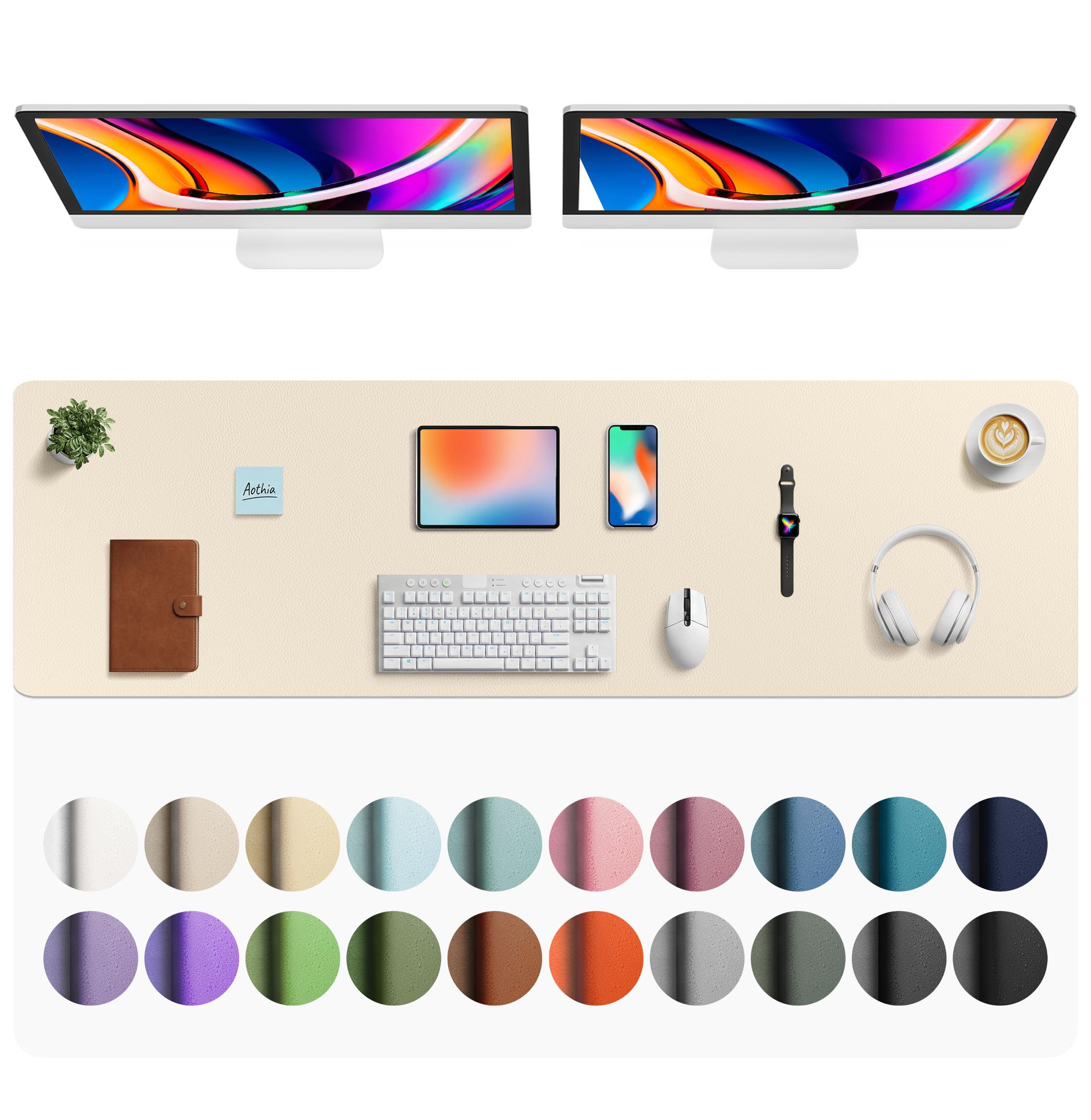 Aothia Faux Leather Desk Mat - Large Mouse Pad, Non-Slip PU Leather Blotter, Waterproof Writing Surface for Office and Home (Beige, 63" x 17")