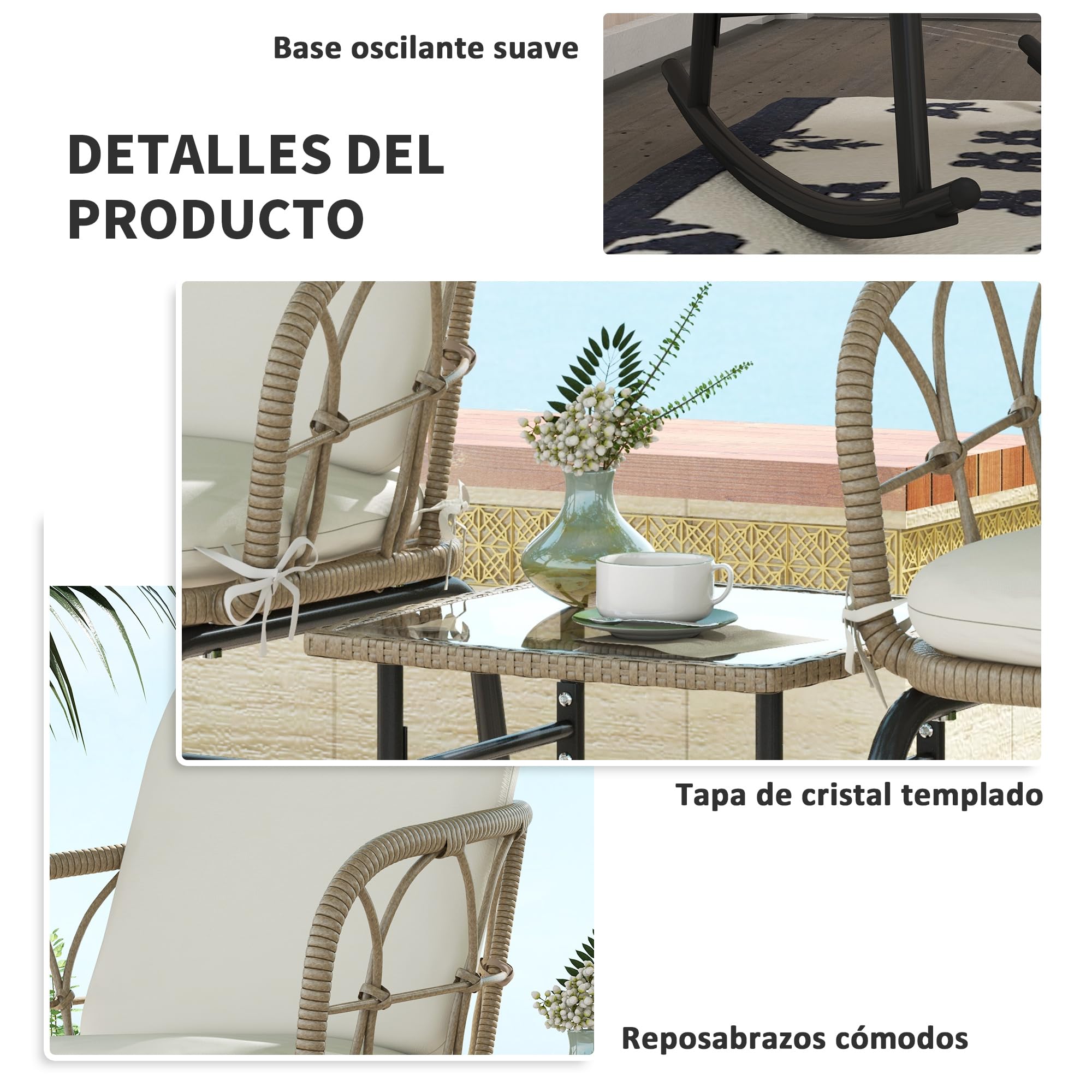 Outsunny Conjunto de Muebles de Ratán de 3 Piezas Conjunto de Mecedoras de Jardín con 1 Mesa de Centro 2 Mecedoras y Cojines para Jardín Terraza Patio Crema y Beige