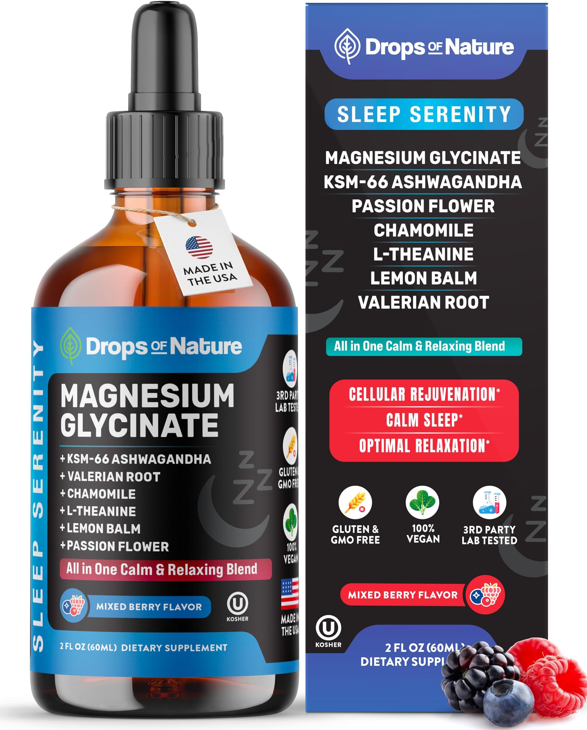 Magnesium Glycinate & Ashwagandha Liquid Drops with Valerian Root, Chamomile, Passion Flower, Lemon Balm & L-Theanine - Vegan Fast Absorption - Supplement for Wellness & Relaxation (Mixed Berry, 60mL)