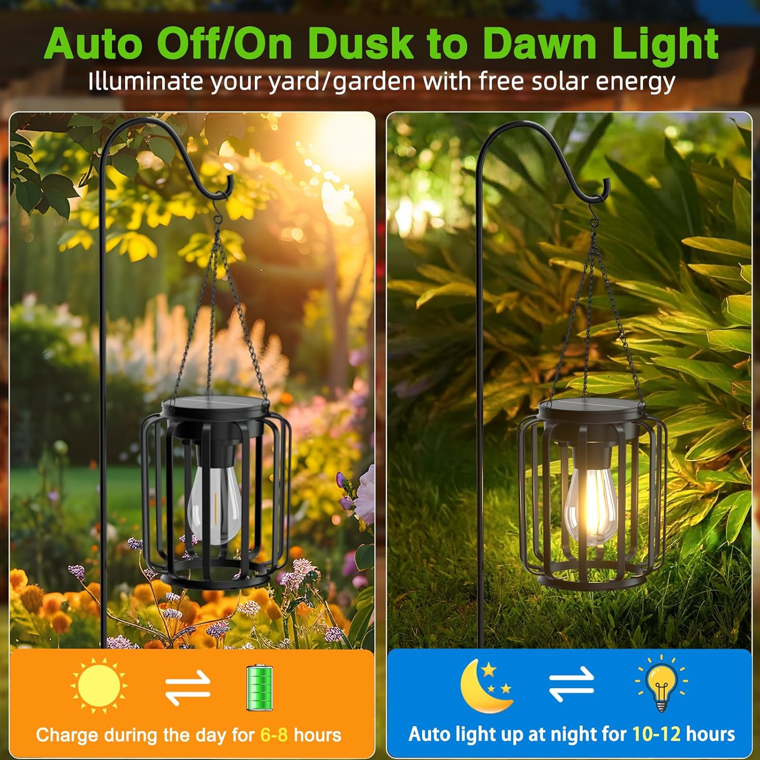 2 Pack Solar Lanterns Outdoor Waterproof, Upgraded Metal LED Lanterns, Warm Light, Auto On/Off, Brighter Hanging Solar Lantern for Yard Patio Pathway Porch Garden Decor (Columnar)