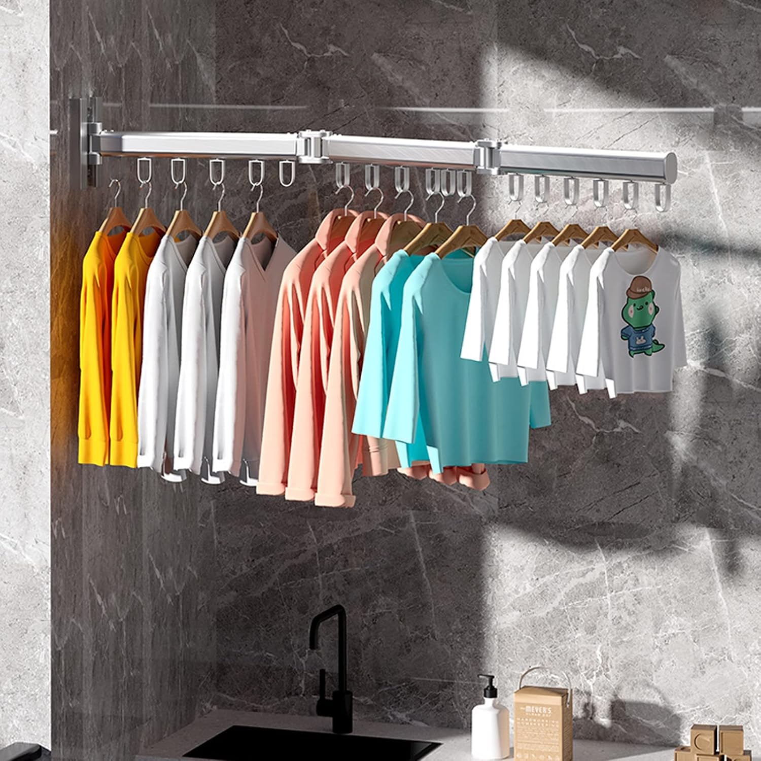 This Clothes Airer Indoor Clothes Drying Rack Wall Mounted,Retractable Clothes Hanger Space Aluminium Rod 360° Rotating,Foldable Clothes Stand for Balcony,Laundry,Bathroom,Black, S,Silver