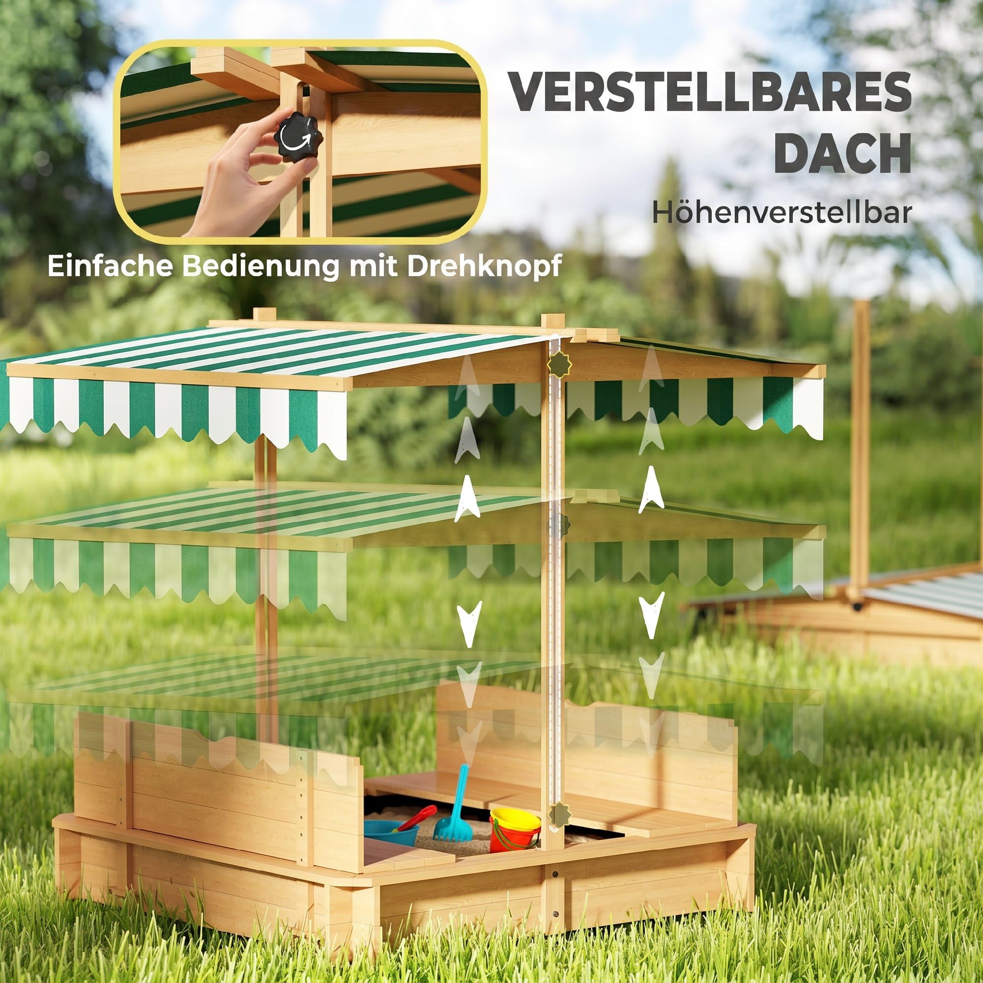 Outsunny Sandbox 106 x 106 cm per bambini con copertura regolabile in altezza, sabbiera in legno con panche schienale per esterni, giardino, terrazza, balcone