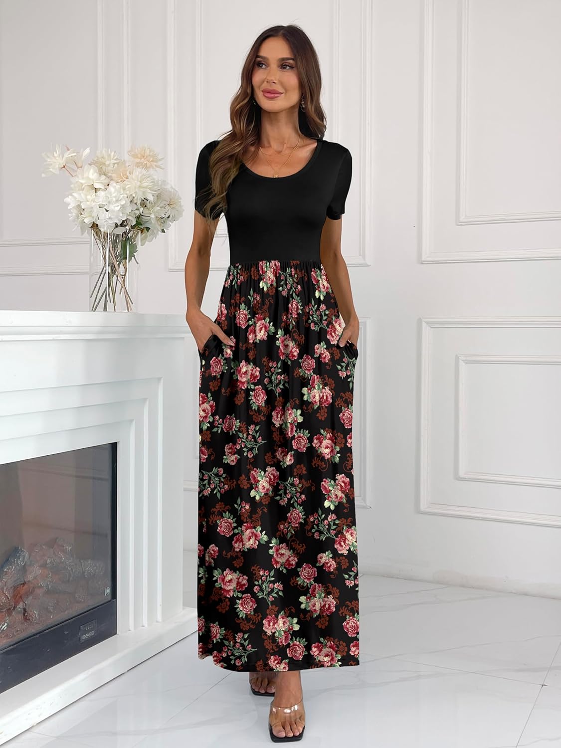 Women's Short Sleeve Loose Plain Long Maxi Casual Dresses with Pockets 2XL Rose Black - Image 4