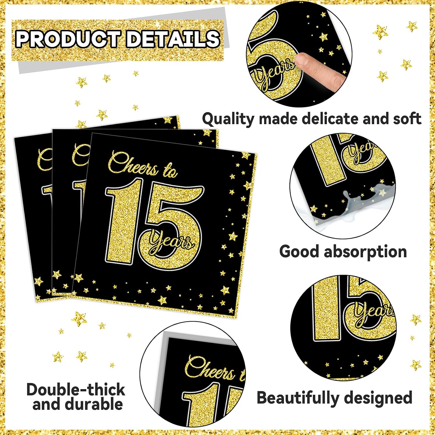 96 Pcs 15th Birthday Party Supplies - Happy 15th Birthday Plates, Decor, Cheers to 15 Years Black Gold Tableware Set for Boys & Girls - Party Favor & Dinnerware for 24 Guests