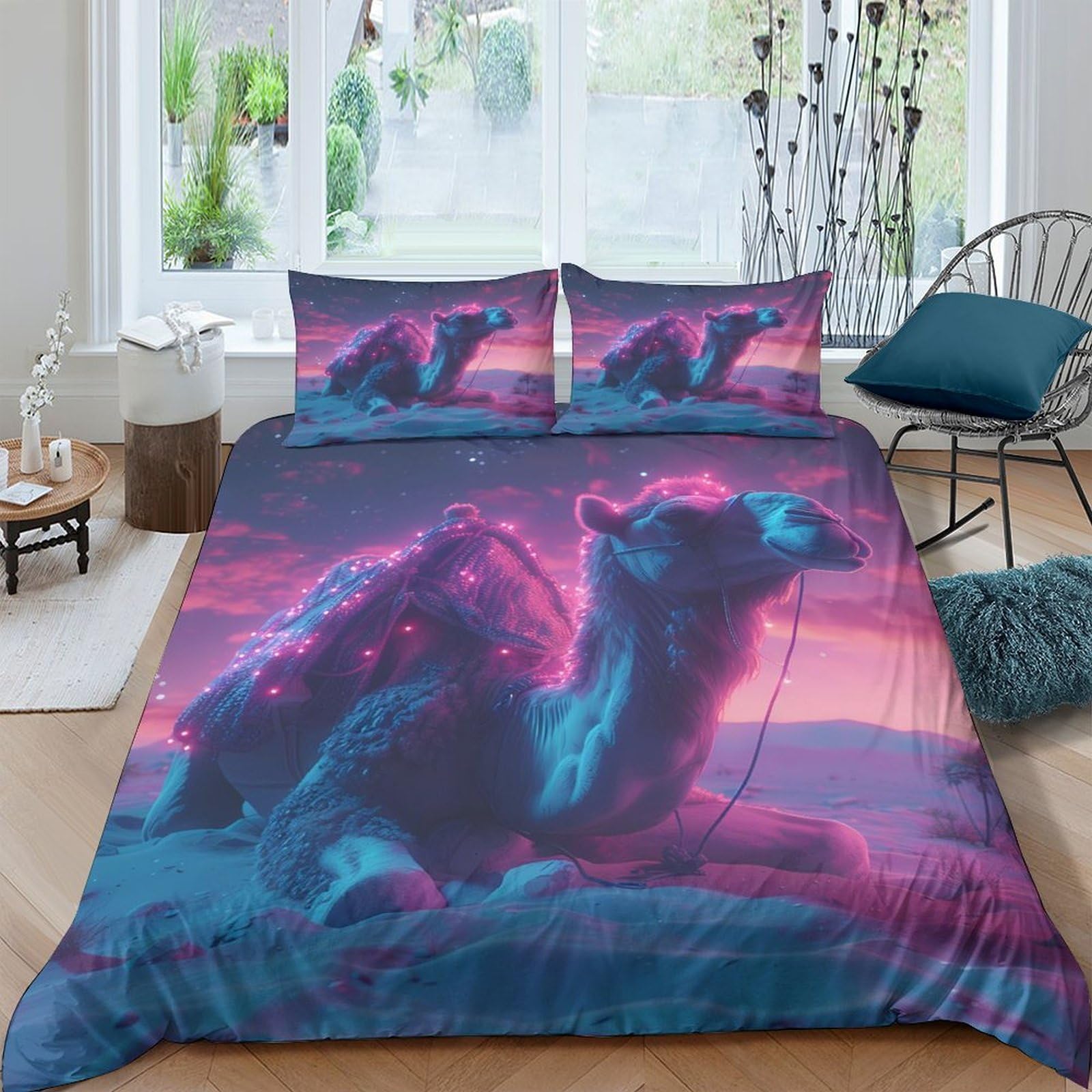 Ctjqhvkz Style-10 3D Printed Neon Camel Fitted Sheet Microfiber Soft Anti-Slip Cosmic Sunset Mattress Cover For Bedroom Dorm Decor Single（135X200cm）
