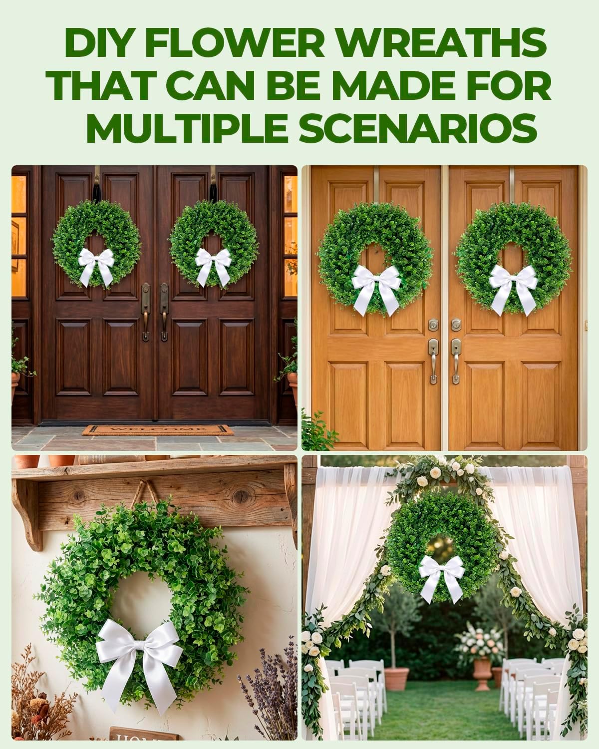 2 Pack 26" Boxwood Wreath for Front Door, Artificial Greenery Spring Summer Wreath with Sash for All Seasons – Farmhouse Wedding St. Patrick’s Day Indoor & Outdoor Decor