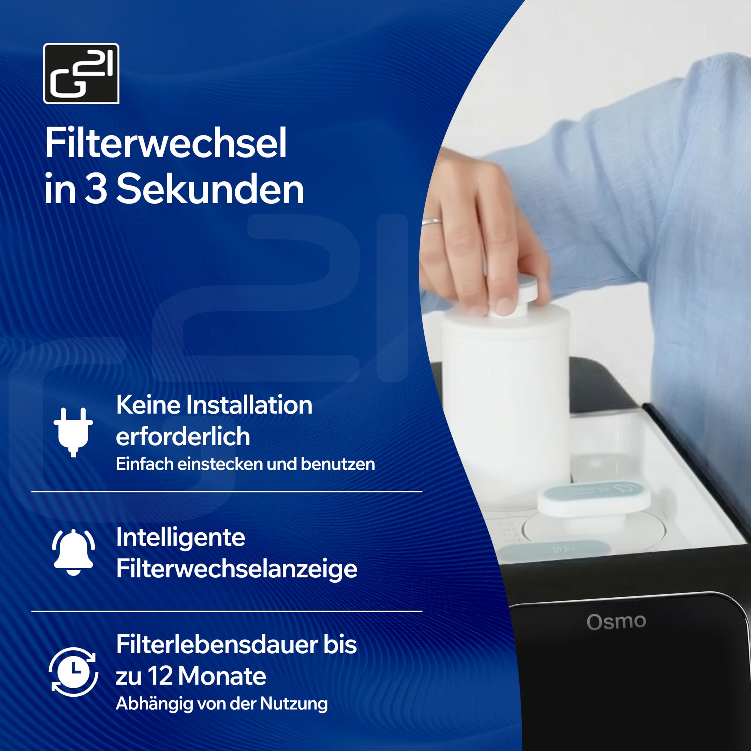G21 Osmo Umkehrosmoseanlage Trinkwasser 3L 1:1 Rein- zu Abwasserverhältnis Heißwasserfunktion 6 Temperaturstufen 25-95°C Wasserqualitätsanzeige Kindersicherung Schwarz