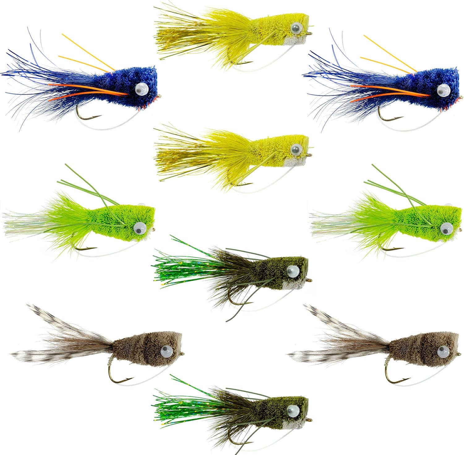 The Fly Fishing Place Deer Hair Bass Bug Popper Flies Assortment, 10-Pack, Hook Sizes 6, 8