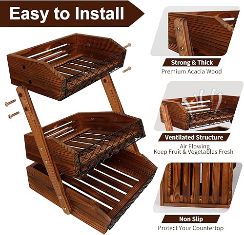 Miniatura 6 de Cesta de fruta de madera para cocina, frutero multifuncional de 3 niveles, soporte de fruta de madera para encimera de cocina ordenar encimeras y